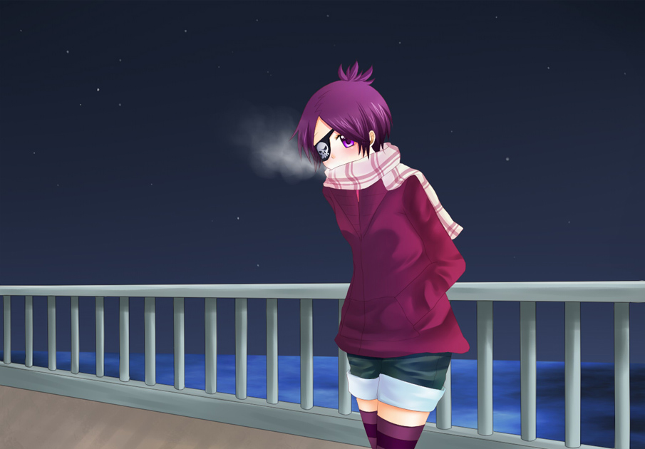 kayaku, chrome dokuro, katekyo hitman reborn!, 00s, 1girl, eyepatch, female focus, night, ocean, outdoors, purple eyes, purple hair, scarf, skirt, sky, solo, striped clothes, striped scarf, striped thighhighs, thighhighs