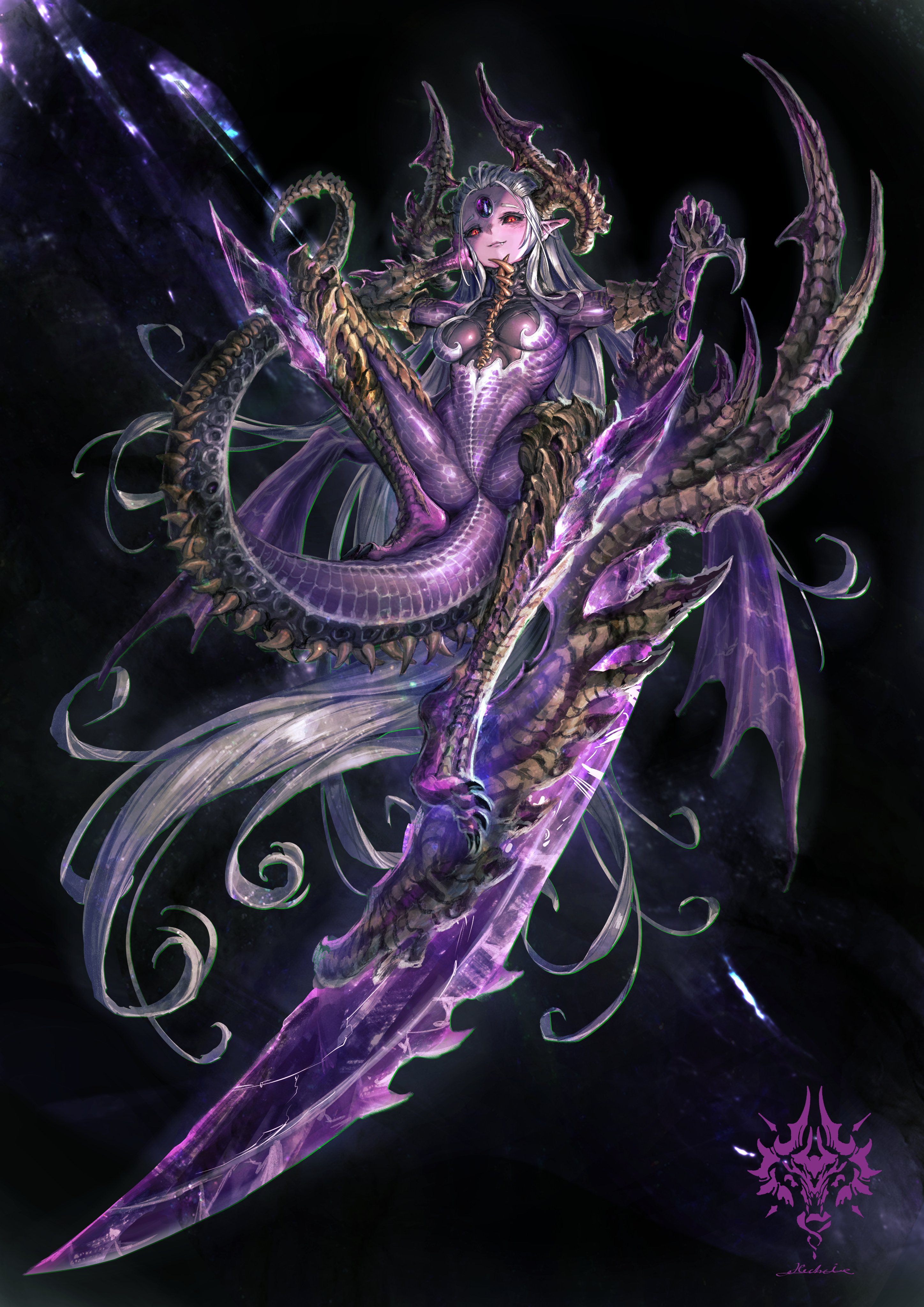 nekoemonn, original, absurdres, chinese commentary, commentary request, highres, 1girl, absurdly long hair, armor, artist name, barefoot, black background, black sclera, black skin, bone, breasts, closed mouth, colored sclera, colored skin, colored teeth, demon girl, dragon girl, dragon tail, english text, extra mouth, fang, floating, food on tail, forehead, forehead jewel, gem, hair slicked back, hand on own chest, hand rest, holding, holding sword, holding weapon, horns, large forehead, large horns, linea alba, long hair, looking at viewer, looking down, medium breasts, monster girl, navel, nude, partially shaded face, pointy ears, purple blade, purple gemstone, purple lips, purple scales, purple skin, red pupils, scale armor, scales, sharp teeth, sharp toenails, sigil, signature, smug, solo, spread legs, sword, tail, teeth, third eye, toenails, vertical mouth, very long hair, weapon, white hair, yellow teeth