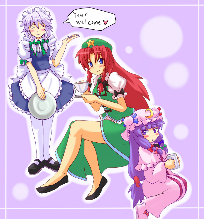 harukatron, hong meiling, izayoi sakuya, patchouli knowledge, embodiment of scarlet devil, touhou, silver hair, 3girls, blue eyes, blush, crescent hat ornament, dress, english text, female focus, hairband, hat, hat ornament, long hair, maid, multiple girls, pantyhose, purple eyes, purple hair, red hair, ribbon, short hair, skirt, tea, typo