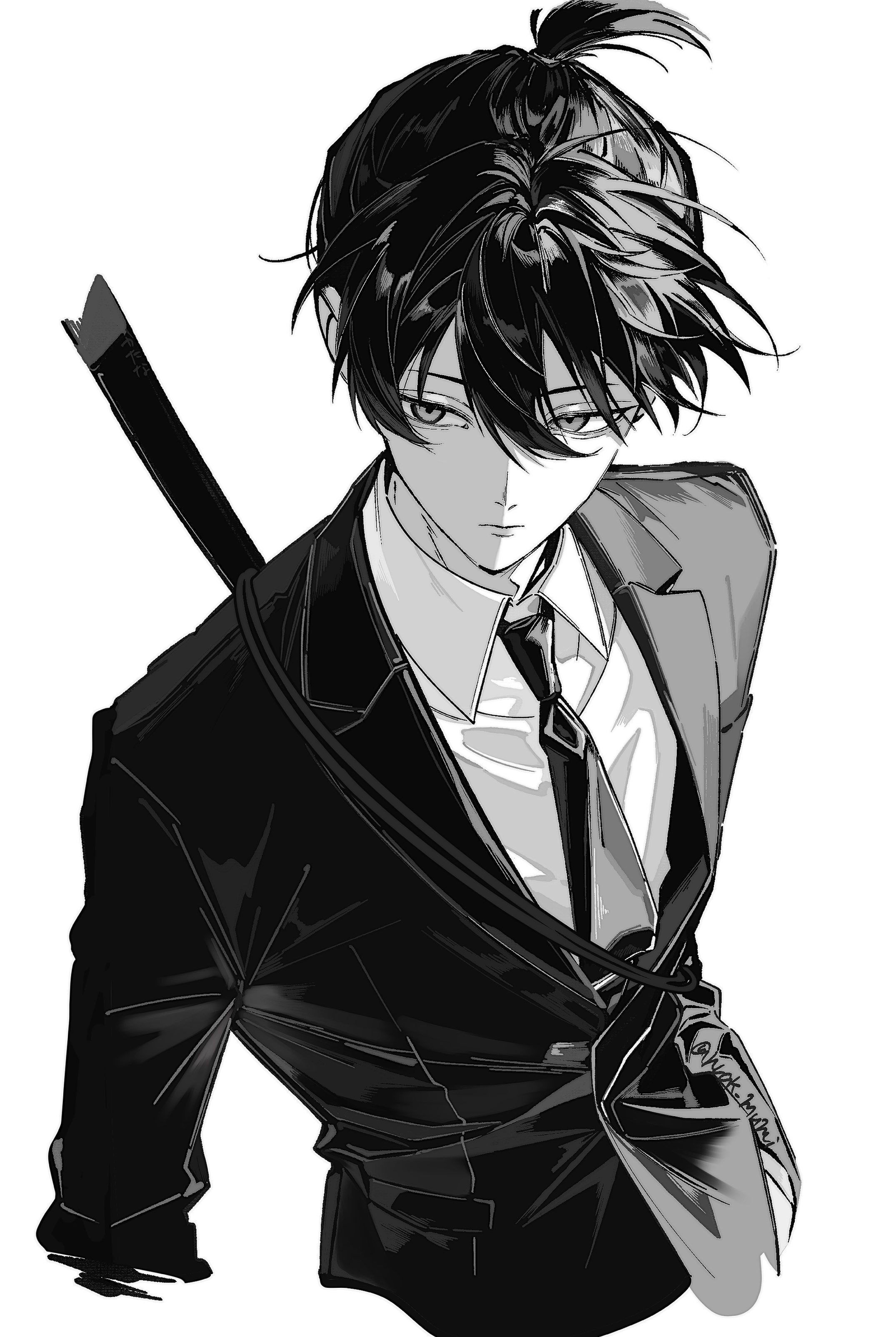 hrak mumi, hayakawa aki, chainsaw man, absurdres, highres, 1boy, black necktie, black suit, formal clothes, jacket, male focus, monochrome, necktie, ponytail, solo, suit, suit jacket, upper body, weapon, weapon on back