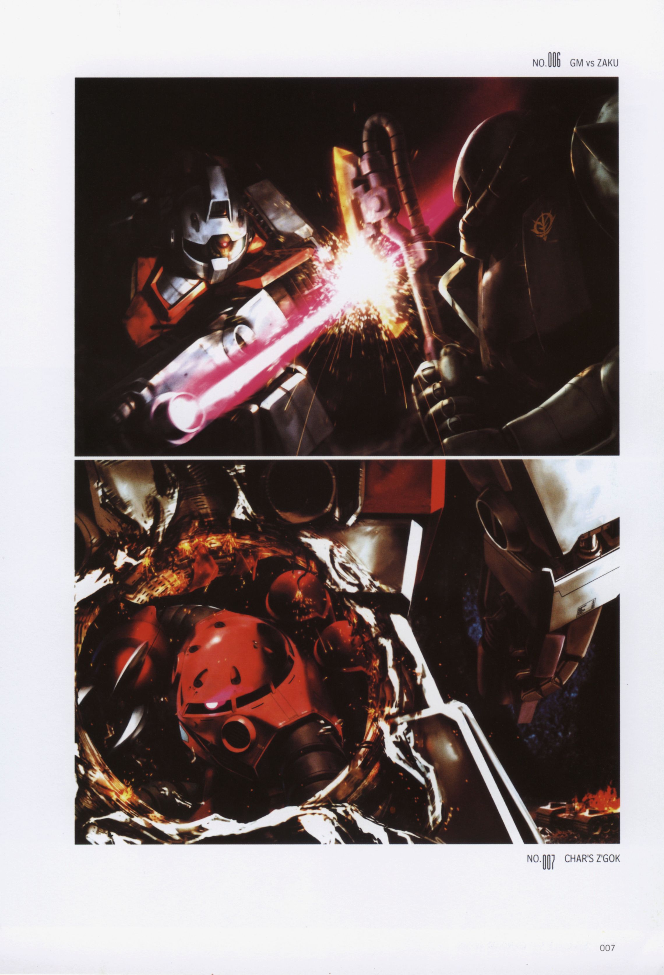 morishita naochika, gm (mobile suit), z'gok, zaku, zaku ii, zaku ii f/j, gundam, mobile suit gundam, absurdres, highres, scan, axe, battle, battle damage, damaged, energy sword, fire, mecha, mecha focus, no humans, robot, sword, weapon