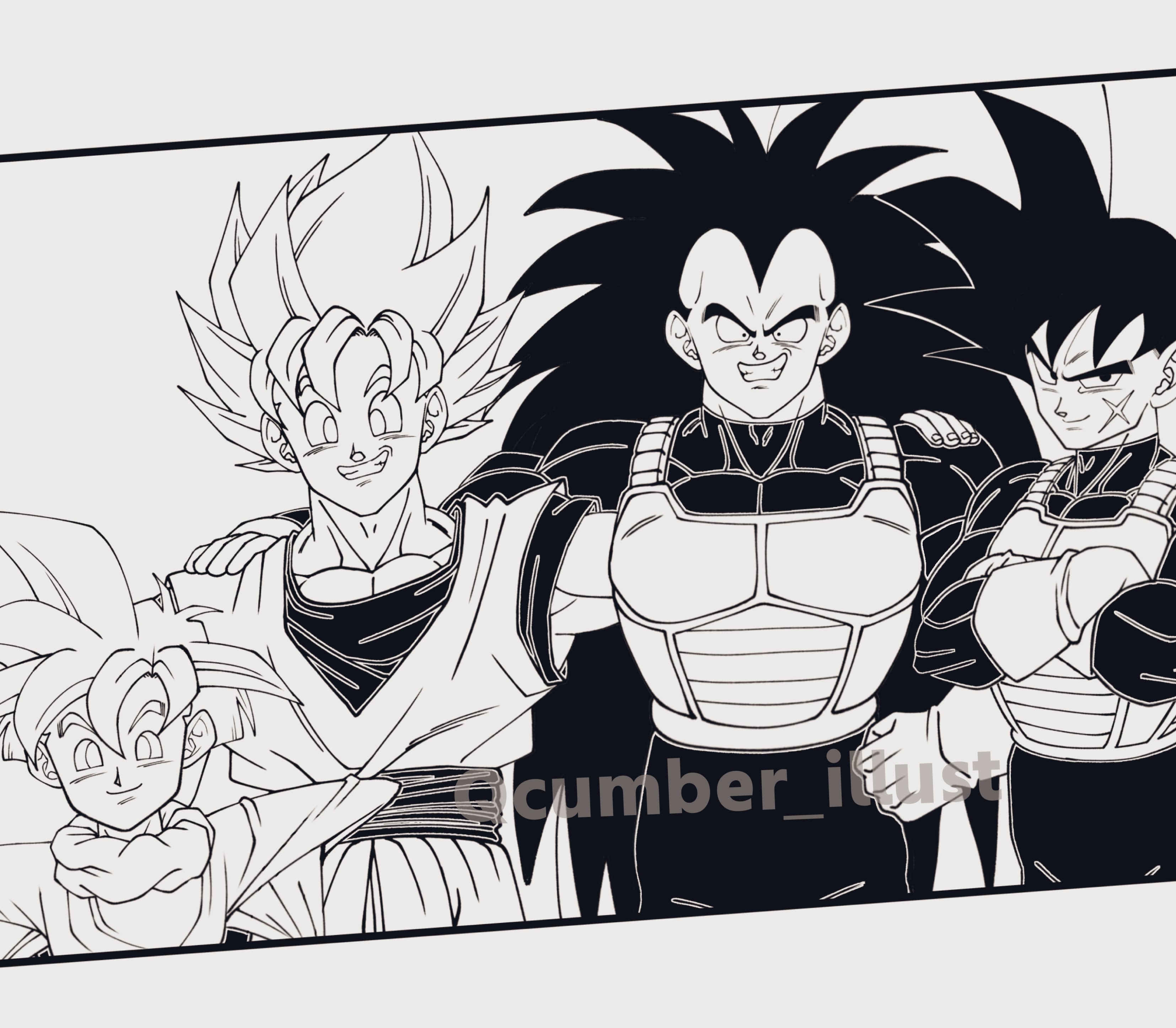 qcumber illust, bardock, raditz, son gohan, son goku, dragon ball, dragonball z, absurdres, highres, 4boys, dougi, family, greyscale, long hair, male focus, medium hair, monochrome, multiple boys, saiyan armor, scar, scar on face, spiked hair, super saiyan, super saiyan 1