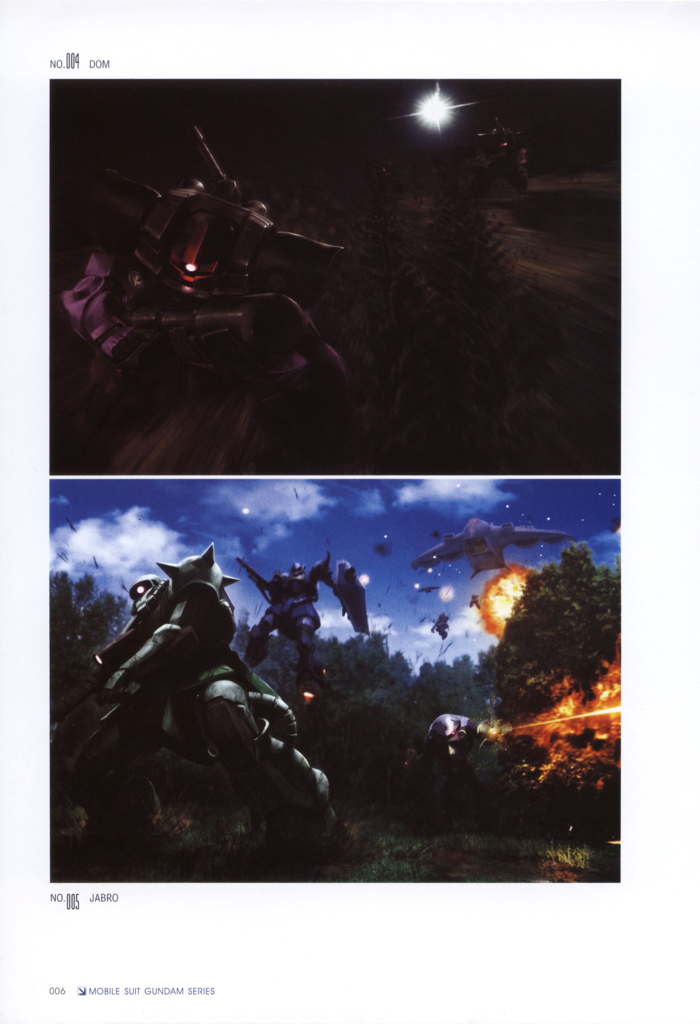 morishita naochika, dom (mobile suit), gaw (gundam), gouf, z'gok, zaku, zaku ii, zaku ii f/j, gundam, mobile suit gundam, absurdres, highres, official art, scan, battle, explosion, fire, forest, gun, machine gun, mecha, nature, no humans, robot, weapon