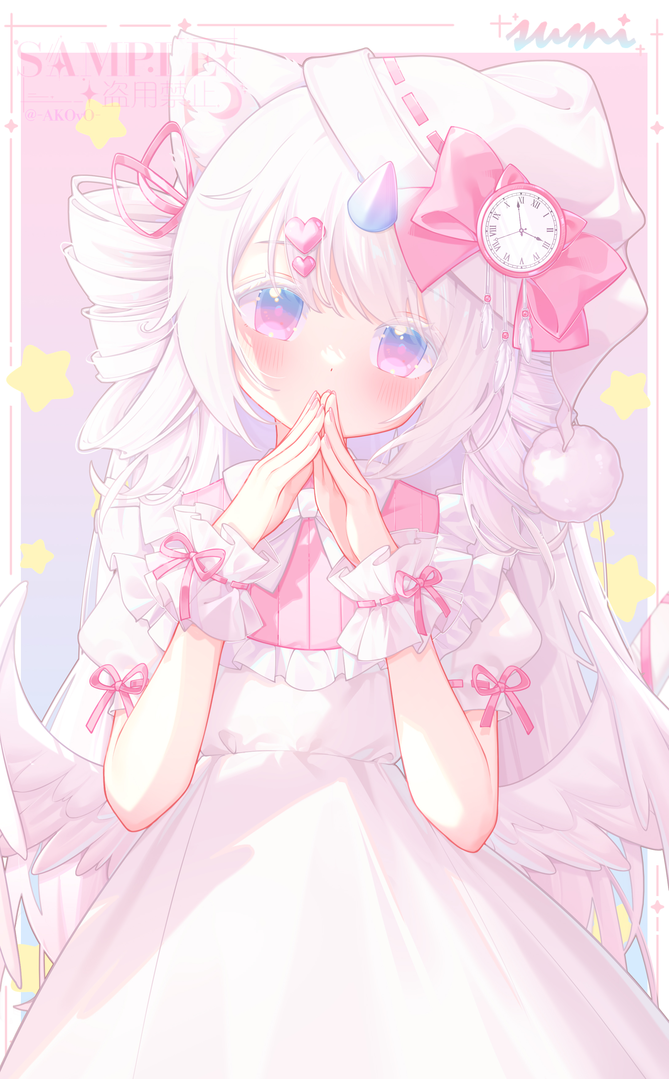 akovo, original, absurdres, highres, 1girl, angel wings, animal ear fluff, animal ears, blue eyes, blue horns, bow, bowtie, cat ears, cat girl, clock hair ornament, colored eyelashes, covering own mouth, dress, gradient eyes, gradient horns, hair ornament, hair ribbon, hands up, hat, hat bow, head tilt, heart, heart hair ornament, horns, long hair, looking at viewer, low wings, multicolored eyes, multicolored horns, nightcap, own hands together, pink bow, pink eyes, pink horns, pink ribbon, pom pom hat ornament, puffy short sleeves, puffy sleeves, ribbon, ribbon-trimmed sleeves, ribbon trim, short sleeves, single horn, solo, two-tone eyes, two-tone horns, very long hair, white bow, white bowtie, white dress, white hair, white hat, white wings, white wrist cuffs, wings, wrist cuffs