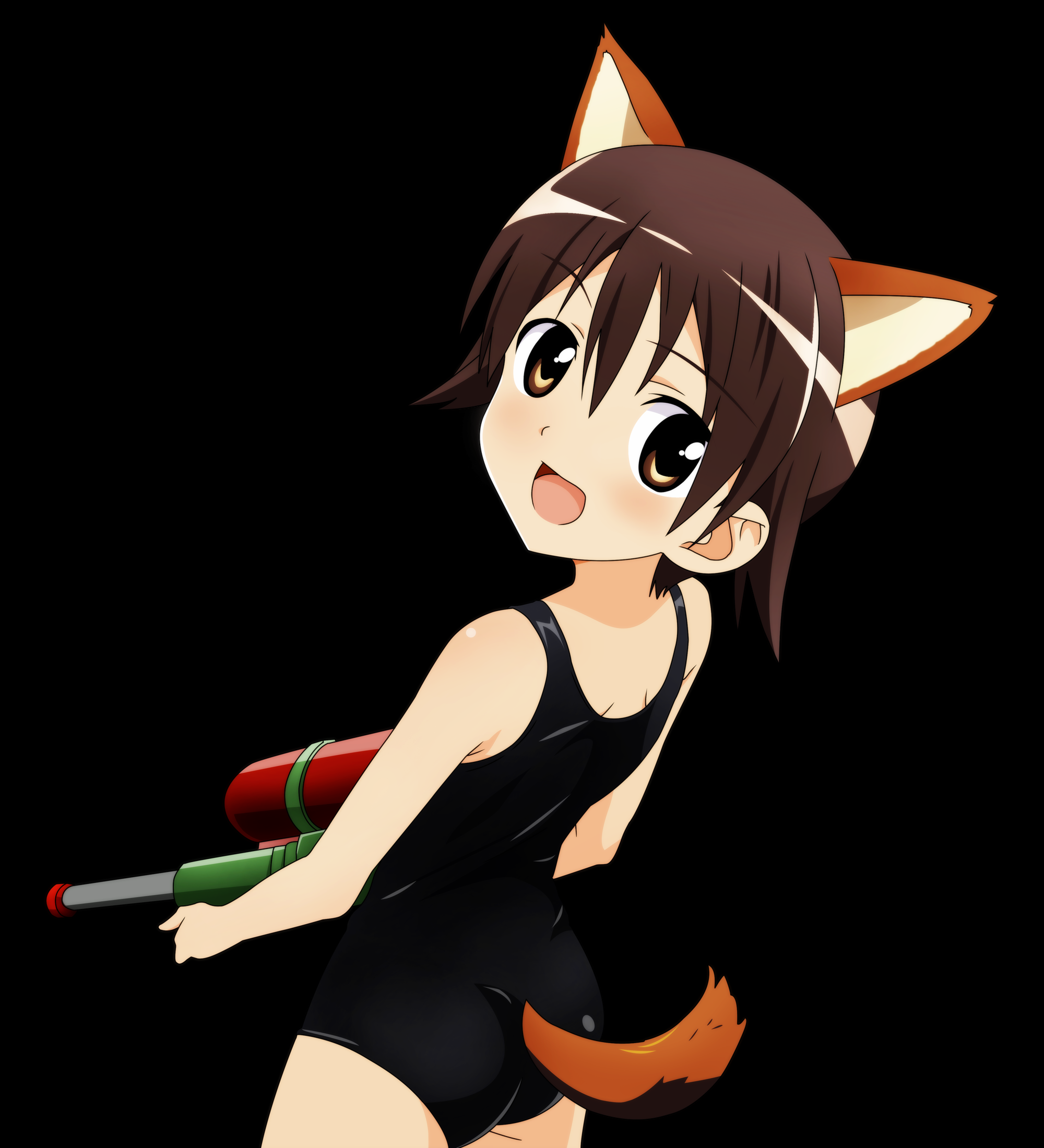 miyafuji yoshika, strike witches, world witches series, derivative work, highres, vector trace, 00s, 1girl, animal ears, black background, black one-piece swimsuit, clothing cutout, dog ears, dog tail, female focus, happy, one-piece swimsuit, school swimsuit, short hair, simple background, solo, swimsuit, tail, tail through clothes