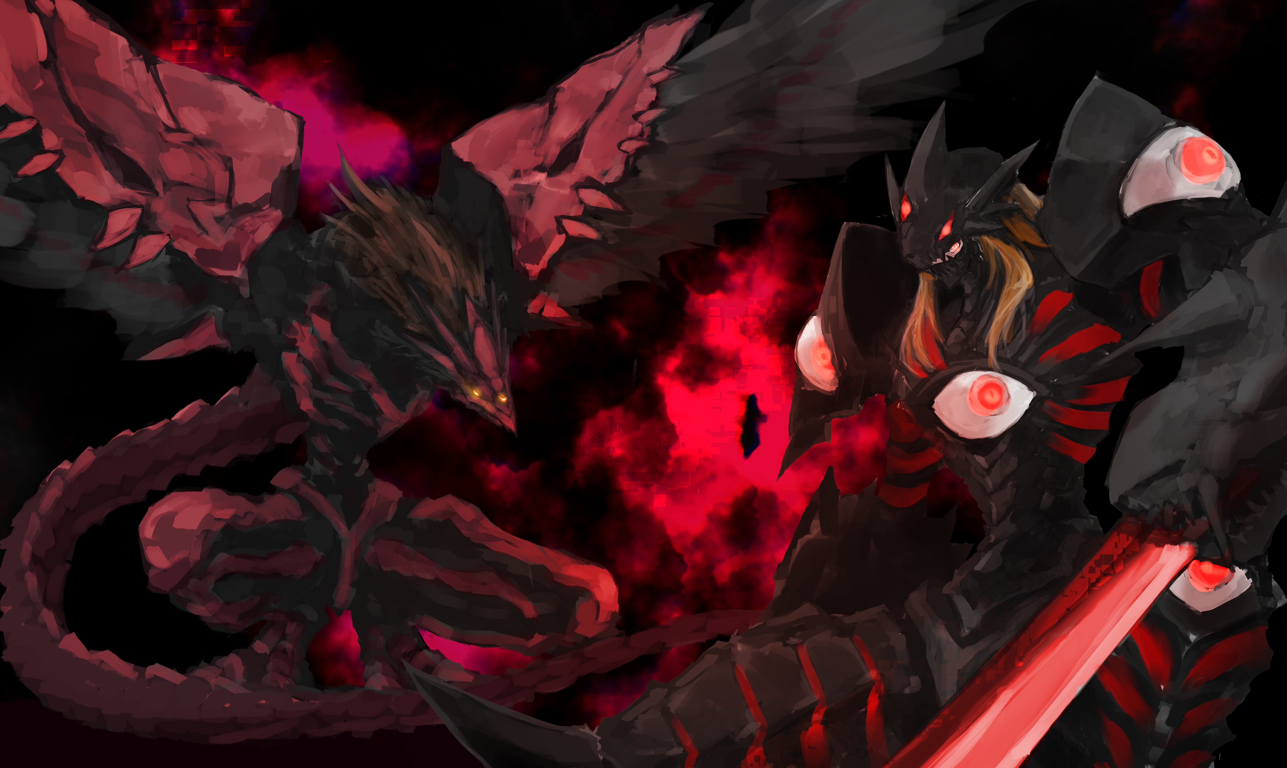 name e04, duskmon, velgrmon, digimon, absurdres, commission, highres, skeb commission, 1boy, arm blade, armor, bird, black armor, black background, digimon (creature), dragon, evolutionary line, extra eyes, male focus, red eyes, simple background, weapon, yellow eyes