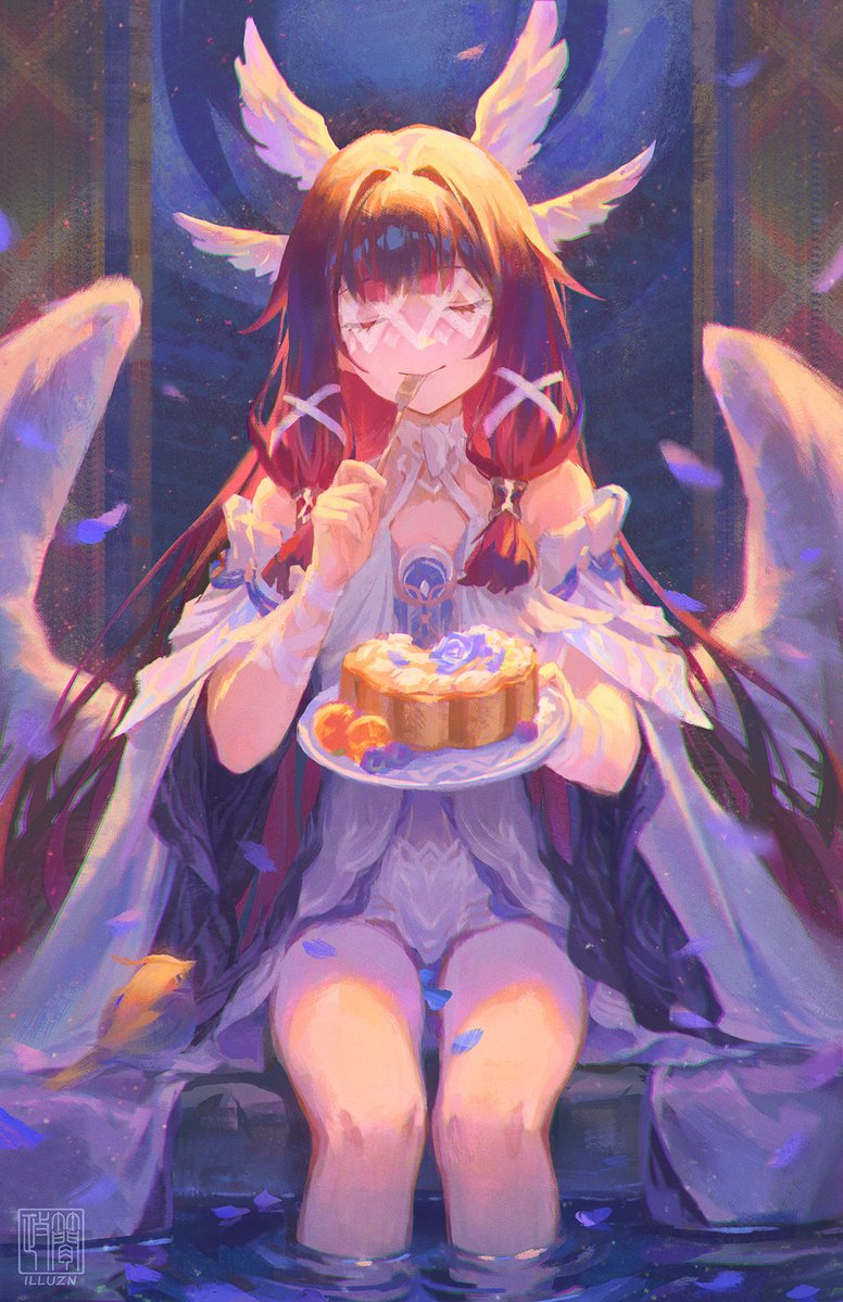 zheng jian, columbina (genshin impact), genshin impact, 1girl, black hair, blunt bangs, closed mouth, dress, eating, feet out of frame, fork, hand up, head wings, holding, holding fork, holding plate, long hair, mooncake, multiple wings, partially submerged, pink hair, plate, sitting, smile, solo, white dress, white wings, wings