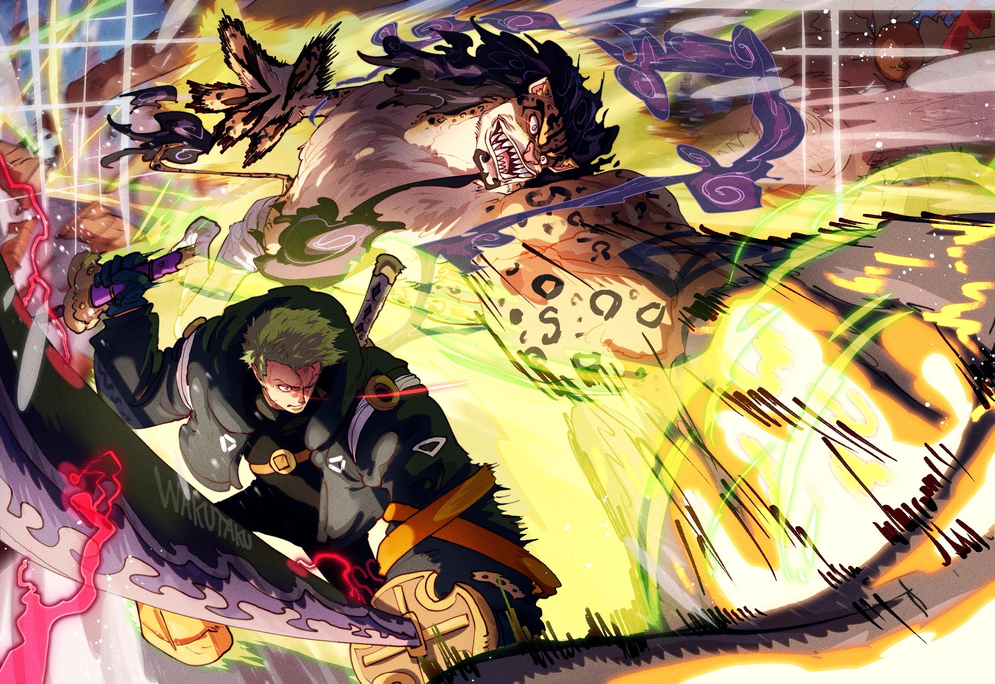 taku (aywakutakuay), rob lucci, roronoa zoro, one piece, highres, 2boys, black hair, black shirt, body fur, dual wielding, green hair, haki (one piece), holding, holding sword, holding weapon, jacket, jaguar boy, katana, male focus, medium hair, multiple boys, one eye closed, scar, scar across eye, scar on face, shirt, short hair, sword, weapon, yellow fur