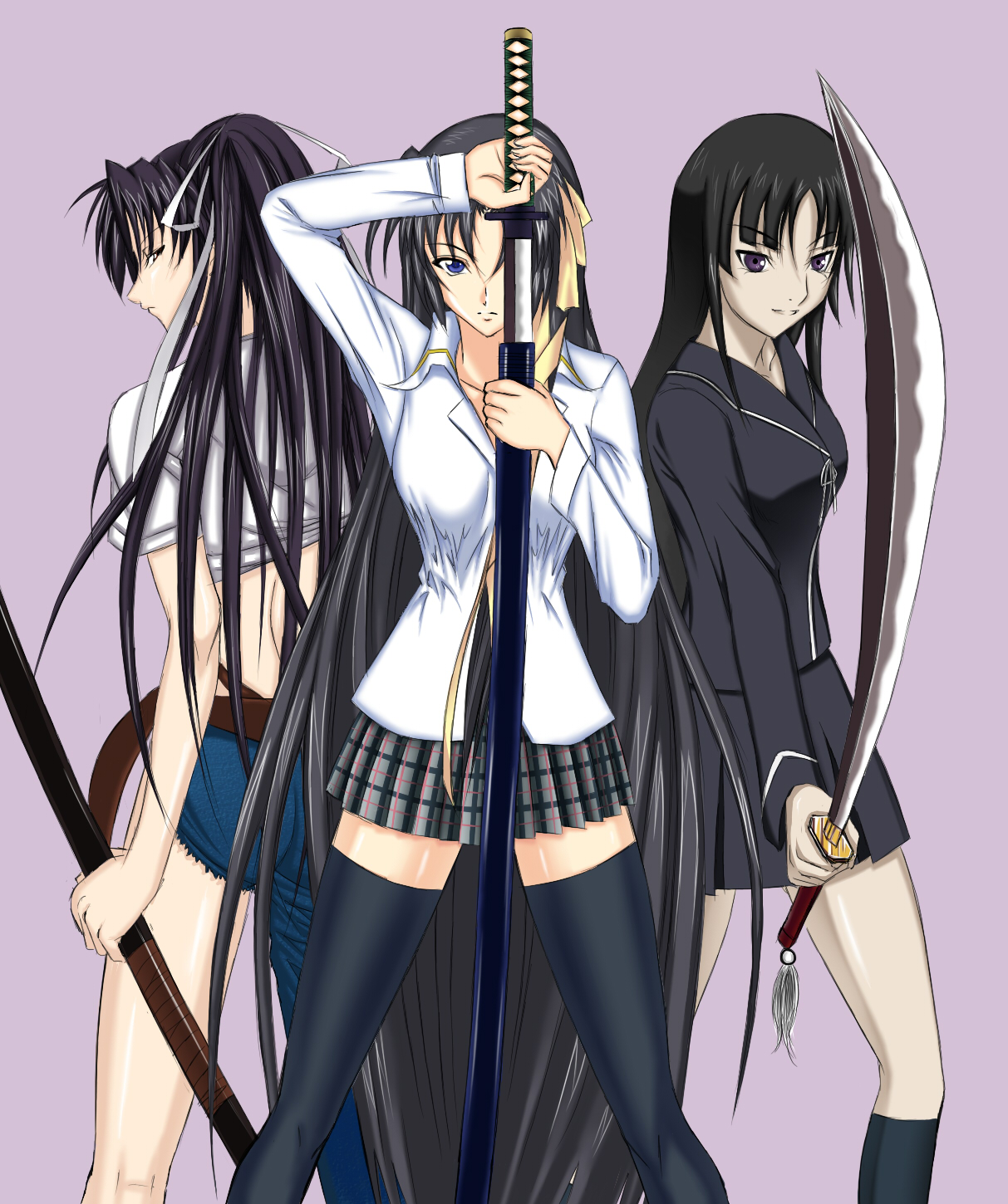 wakoudo, isayama yomi, kanzaki kaori, kurugaya yuiko, ga-rei, ga-rei zero, little busters!, toaru majutsu no index, bad id, bad pixiv id, highres, 00s, 3girls, asymmetrical clothes, blue eyes, blunt bangs, crossover, hime cut, katana, kneehighs, long hair, multiple girls, ponytail, purple eyes, ribbon, school uniform, sheath, socks, sword, thighhighs, thighs, unsheathing, weapon, zettai ryouiki