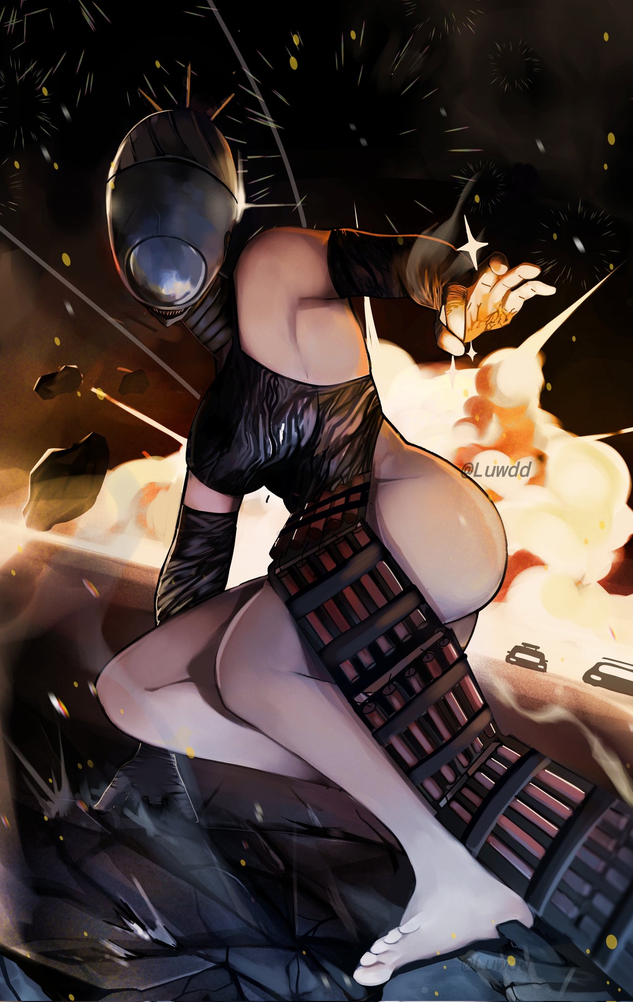 luwdd, bomb devil (chainsaw man), chainsaw man, commentary, highres, 1girl, apron, barefoot, black apron, black sleeves, breasts, detached sleeves, explosion, full body, large breasts, no panties, road, rubble, solo, twitter username