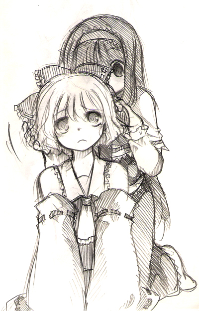 kumatohigurasi, alice margatroid, hakurei reimu, touhou, bad id, bad pixiv id, 2girls, :<, alice margatroid (cosplay), bow, cosplay, costume switch, detached sleeves, female focus, frown, hair bow, hair ribbon, hairband, hairdressing, hakurei reimu (cosplay), japanese clothes, kneeling, looking up, miko, multiple girls, ribbon, sitting