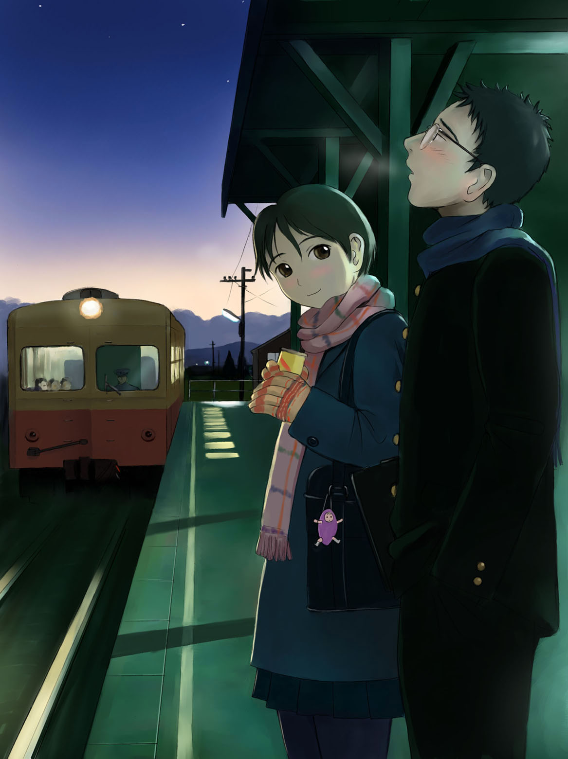 mimura kaoru, original, highres, 1boy, 1girl, black hair, breath, brown eyes, can, glasses, gloves, holding, long sleeves, looking at another, looking up, miniskirt, multiple unit train, outdoors, pleated skirt, scarf, short hair, skirt, sky, train, train station