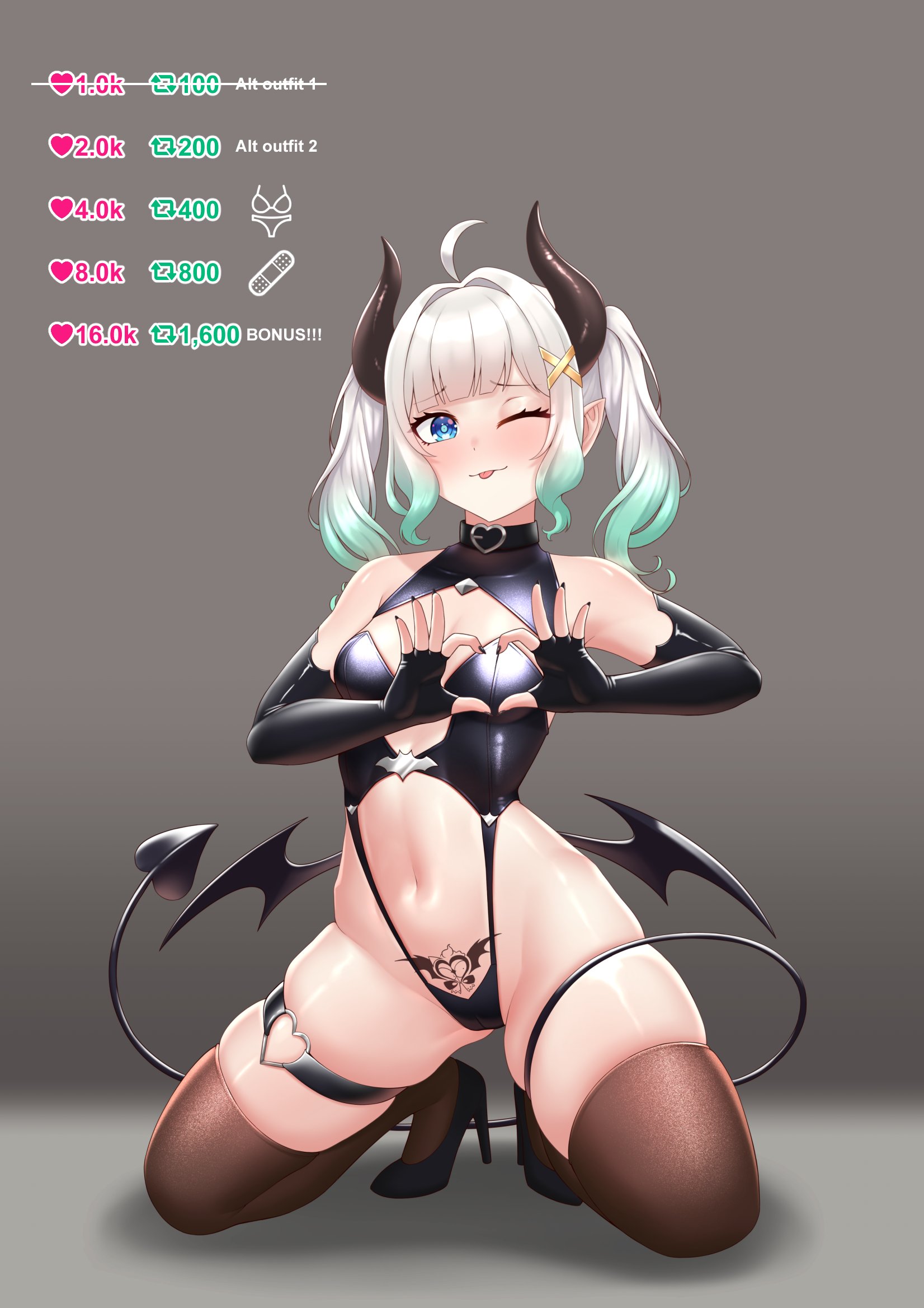 cipher4109, mint fantome, indie virtual youtuber, highres, 1girl, bare shoulders, blush, cameltoe, demon horns, demon tail, demon wings, full body, green eyes, grey background, grey hair, horns, kneeling, low wings, navel, pubic tattoo, revealing clothes, simple background, solo, tail, tattoo, twitter strip game, virtual youtuber, wings