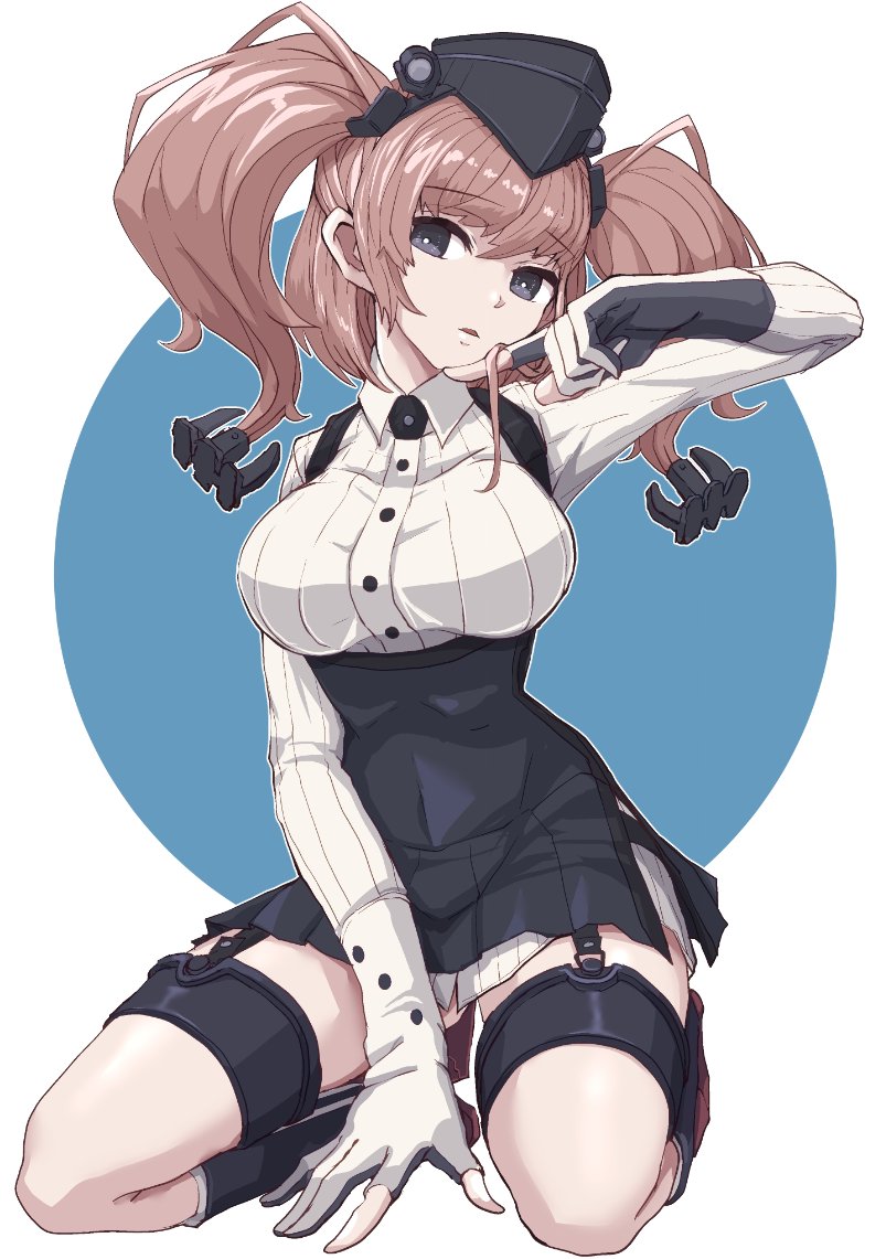 boushi-ya, atlanta (kancolle), kantai collection, commentary, 1girl, anchor hair ornament, black hat, blush, breasts, brown hair, dress shirt, earrings, garrison cap, gloves, grey eyes, hair ornament, hat, high-waist skirt, jewelry, large breasts, long hair, long sleeves, looking at viewer, partially fingerless gloves, shirt, single earring, skirt, smile, solo, squatting, star (symbol), star earrings, suspender skirt, suspenders, two side up, white background, white shirt