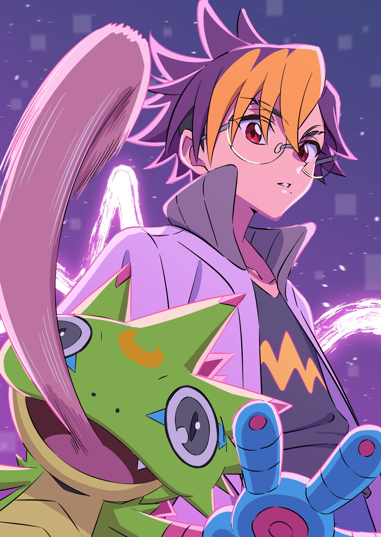momoshiomomo, gekkomon, tenma tomoro, digimon, digimon beatbreak, highres, 1boy, black shirt, blonde hair, blue hair, brown eyes, gecko, grey eyes, jacket, male focus, round eyewear, shirt, simple background, tongue, tongue out, upper body, white jacket