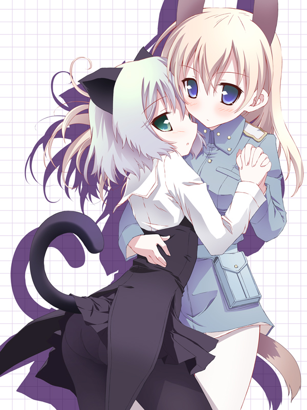tsuchiyama niu, eila ilmatar juutilainen, sanya v. litvyak, strike witches, world witches series, silver hair, 00s, 2girls, animal ears, ass, black pantyhose, cat ears, cat tail, clothes lift, green eyes, holding hands, hug, lifted by tail, long hair, multiple girls, panties, panties under pantyhose, pantyhose, short hair, skirt, skirt lift, tail, underwear, white pantyhose, yuri