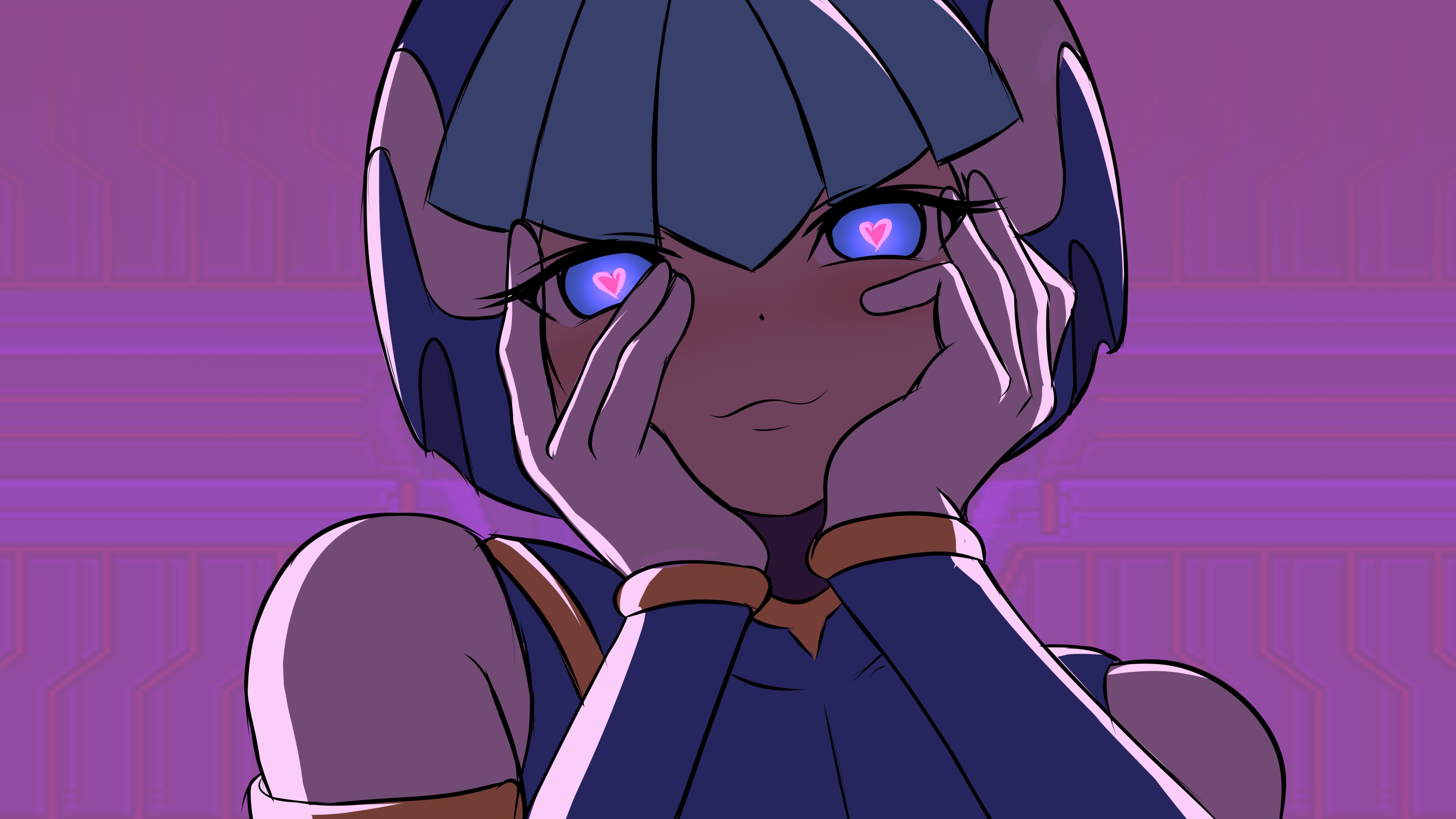 m11xgirby, fairy leviathan (mega man), mega man (series), mega man zero (series), absurdres, highres, 1girl, blue eyes, blue helmet, heart, heart-shaped pupils, helmet, meme request, pink background, smile, solo, symbol-shaped pupils, upper body, yandere trance