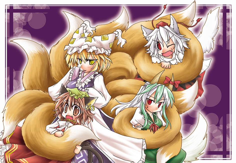 mumumu, chen, ex-keine, inubashiri momiji, kamishirasawa keine, yakumo ran, touhou, 4girls, animal ears, cat ears, cat girl, cat tail, dress, earrings, female focus, fox tail, hat, horns, hug, hugging another's tail, hugging tail, jewelry, multiple girls, tail, wolf ears, wolf tail