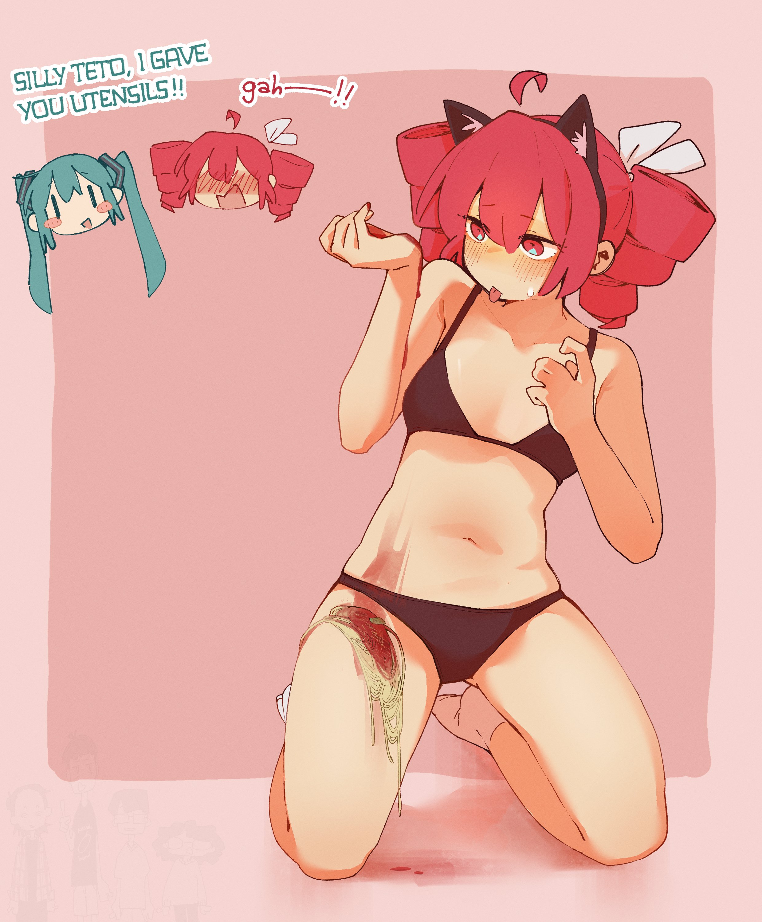 machuuu68, hatsune miku, kasane teto, kasane teto (sv), synthesizer v, utau, vocaloid, absurdres, commentary, english commentary, highres, variant set, 2girls, alternate costume, animal ear hairband, animal ears, ankle socks, aqua hair, arm warmers, bikini, black arm warmers, black bikini, blush, border, bow, bowl, breasts, cat ear hairband, cat ears, character name, collar, collared shirt, double-parted bangs, drill hair, english text, fake animal ears, food, fork, full-face blush, full body, hair between eyes, hair bow, hairband, holding, holding leash, knife, leash, long hair, looking at another, multiple girls, open mouth, outside border, pasta, pet play, red background, red bikini, red border, red collar, red eyes, red hair, shirt, shoes, sidelocks, simple background, sitting, small breasts, socks, spaghetti, spill, stomach, string bikini, sweat, swimsuit, tearing up, thighhighs, twin drills, twintails, very long hair, wariza, white bow, white shirt, white socks, yuri