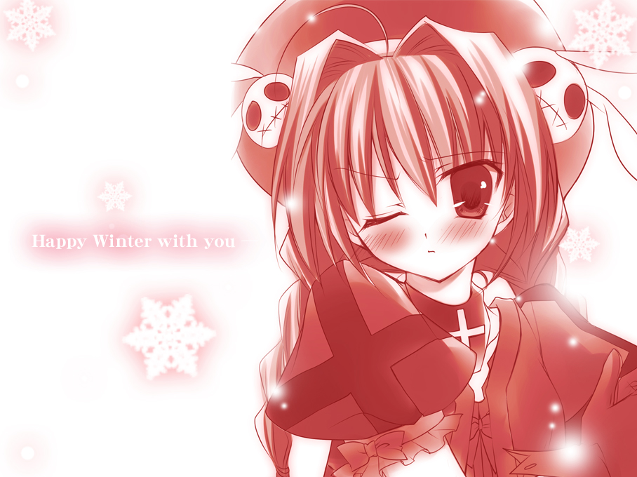 hayashi sakura, vita (nanoha), lyrical nanoha, mahou shoujo lyrical nanoha, mahou shoujo lyrical nanoha a's, 00s, 1girl, blush, female focus, monochrome, one eye closed, red theme, snowflakes, solo, wink