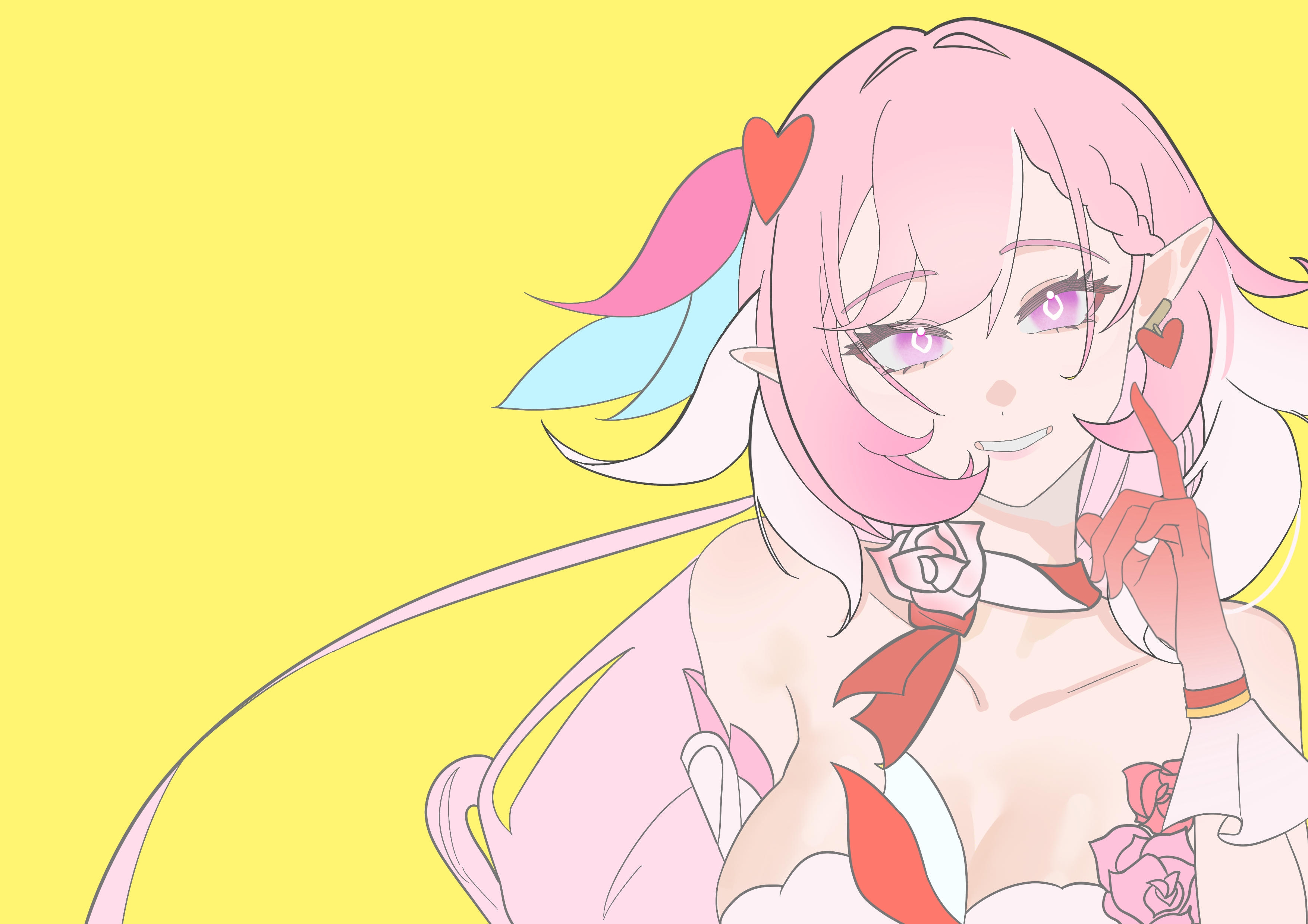 elysia (honkai impact), honkai (series), honkai impact 3rd, absurdres, chinese commentary, commentary request, highres, 1girl, bare shoulders, breasts, cleavage, diamond-shaped pupils, diamond (shape), earrings, elf, gloves, heart, heart earrings, jewelry, large breasts, long hair, looking at viewer, multicolored hair, pink gloves, pink hair, pointy ears, purple eyes, simple background, smile, solo, symbol-shaped pupils, two-tone hair, upper body, very long hair, white hair, yellow background, yi zhi taozi
