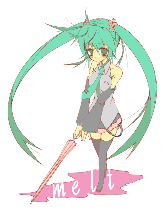 nagatsuki (nyagatsuki), hatsune miku, melt (vocaloid), vocaloid, 1girl, blush, closed umbrella, detached sleeves, female focus, green eyes, green hair, long hair, matching hair/eyes, necktie, skirt, solo, thighhighs, twintails, umbrella, very long hair