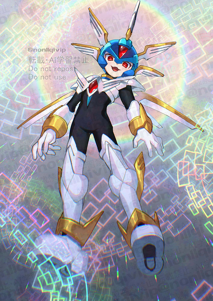 yamanashi taiki, copy x (mega man), mega man (series), mega man zero (series), 1boy, android, armor, black bodysuit, blue helmet, bodysuit, forehead jewel, full body, helmet, male focus, mechanical wings, red eyes, solo, watermark, white armor, white wings, wings