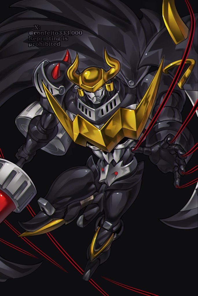 confeito000 333, darkknightmon, digimon, armor, black armor, black cape, black helmet, cape, digimon (creature), double-sided polearm, full body, helmet, holding, holding polearm, holding weapon, knight, polearm, solo, weapon, yellow eyes