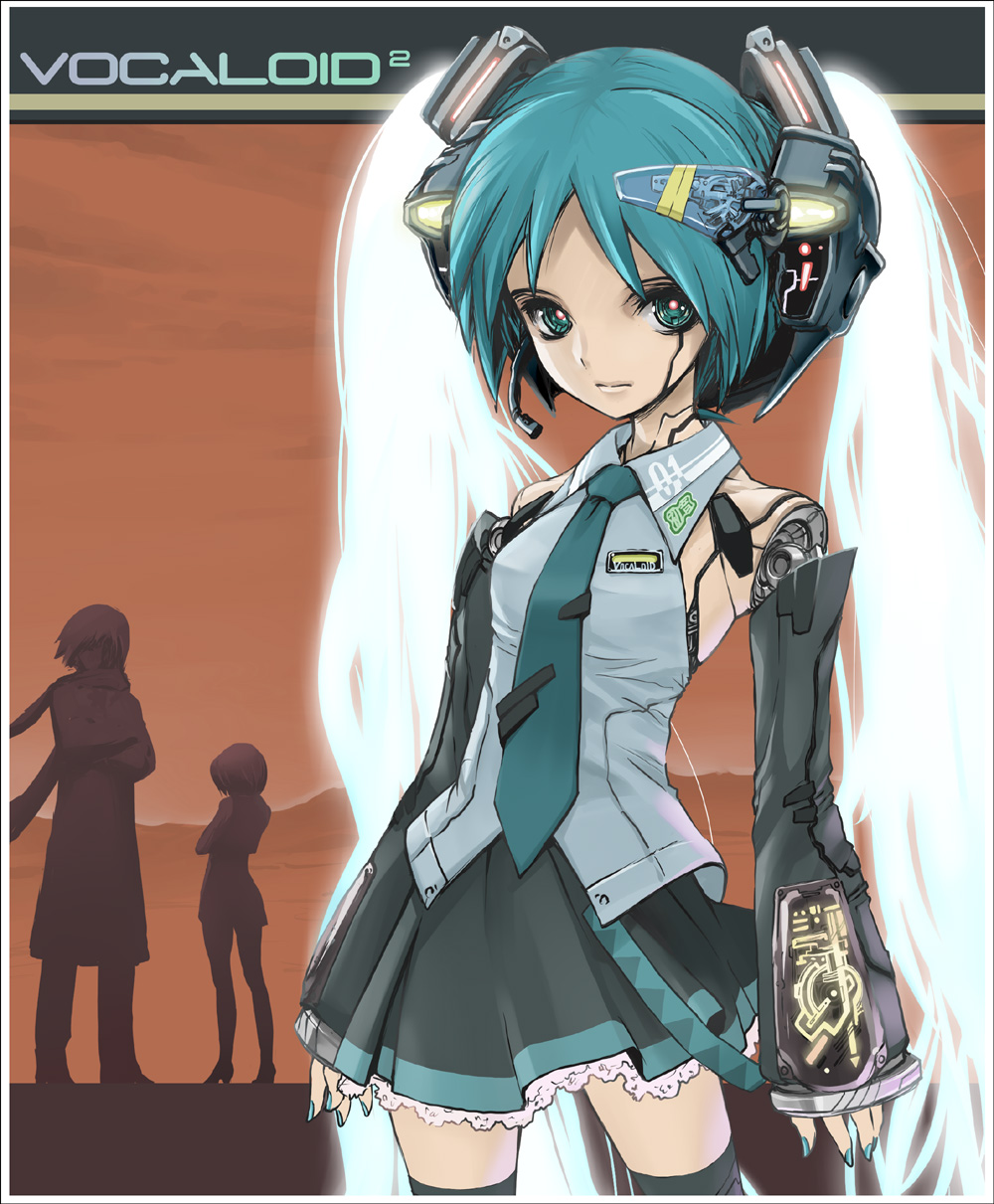 le0, hatsune miku, kaito (vocaloid), meiko (vocaloid), vocaloid, highres, 1boy, 2girls, android, aqua hair, detached sleeves, green eyes, headset, long hair, multiple girls, necktie, skirt, thighhighs, twintails, very long hair