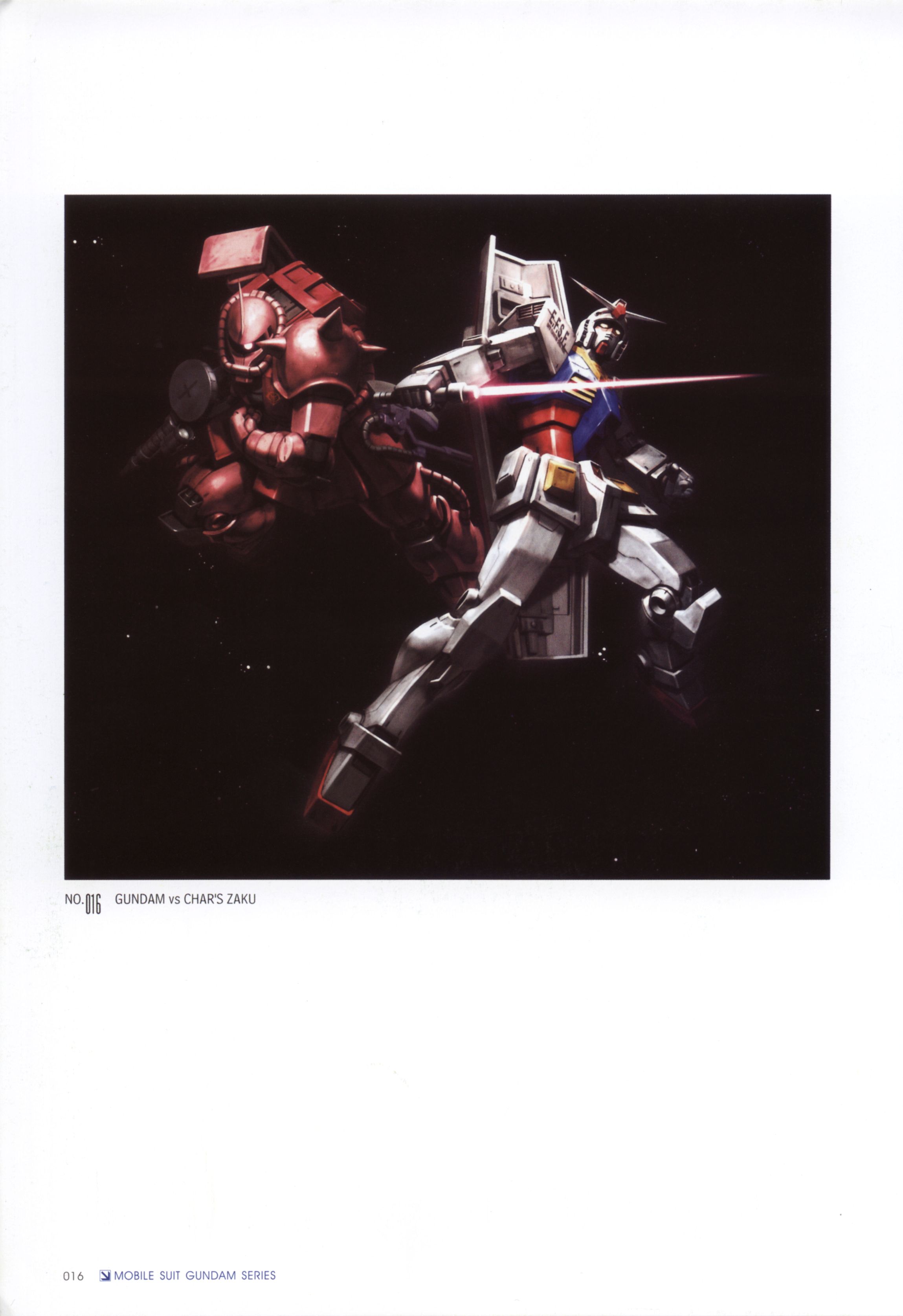 morishita naochika, rx-78-2 gundam, zaku, zaku ii, zaku ii s char custom, gundam, mobile suit gundam, absurdres, highres, official art, scan, energy sword, gun, machine gun, mecha, robot, shield, shoulder spikes, space, spikes, sword, weapon