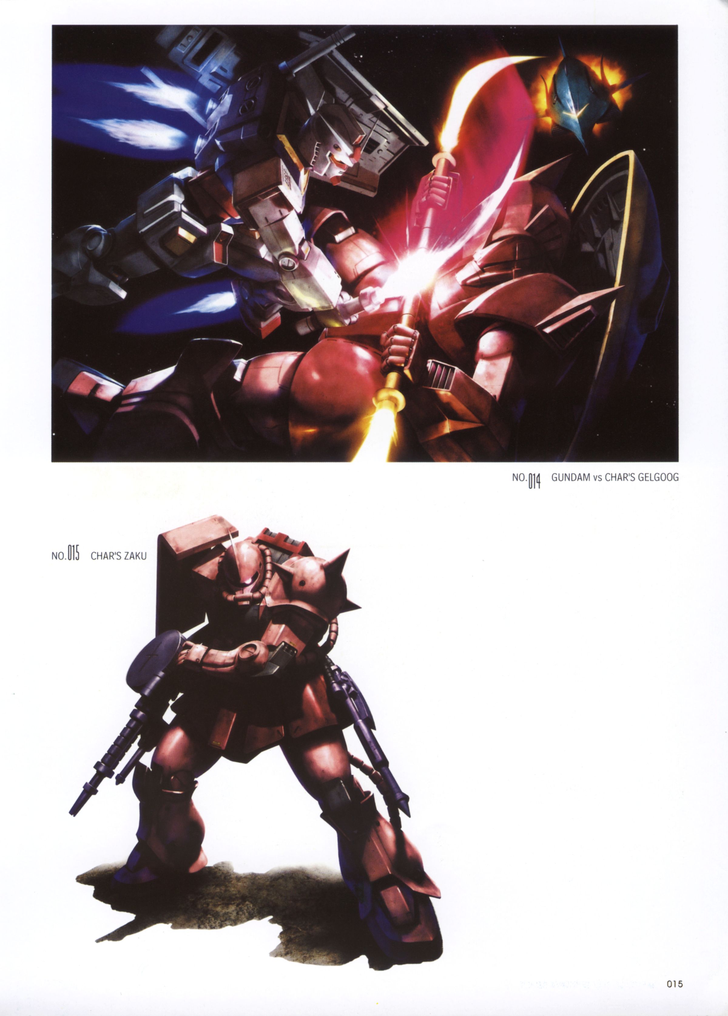 morishita naochika, elmeth, gelgoog, gelgoog s char custom, rx-78-2 gundam, zaku, zaku ii, zaku ii s char custom, gundam, mobile suit gundam, absurdres, highres, official art, scan, battle, energy sword, gun, machine gun, mecha, robot, shield, space, sword, weapon