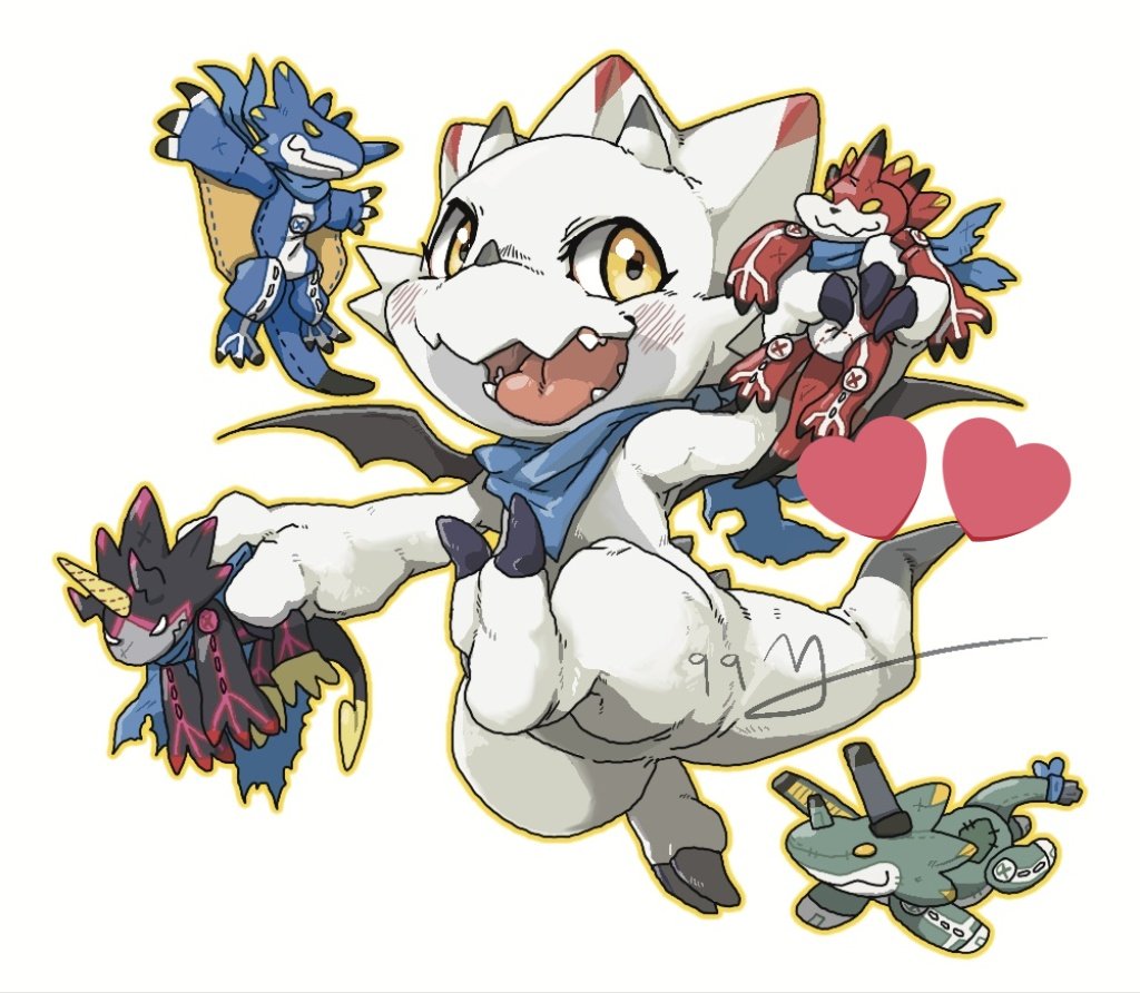 kkugu (9999 td), betelgammamon, gammamon, gulusgammamon, kausgammamon, wezengammamon, digimon, digimon (creature), full body, heart, holding, holding stuffed toy, horns, signature, simple background, solo, stuffed animal, stuffed toy, triceratops, white background, yellow eyes