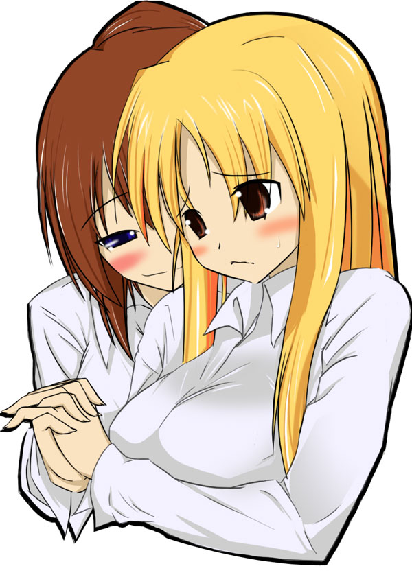 fate testarossa, takamachi nanoha, lyrical nanoha, mahou shoujo lyrical nanoha, 00s, blush, holding hands, shirt