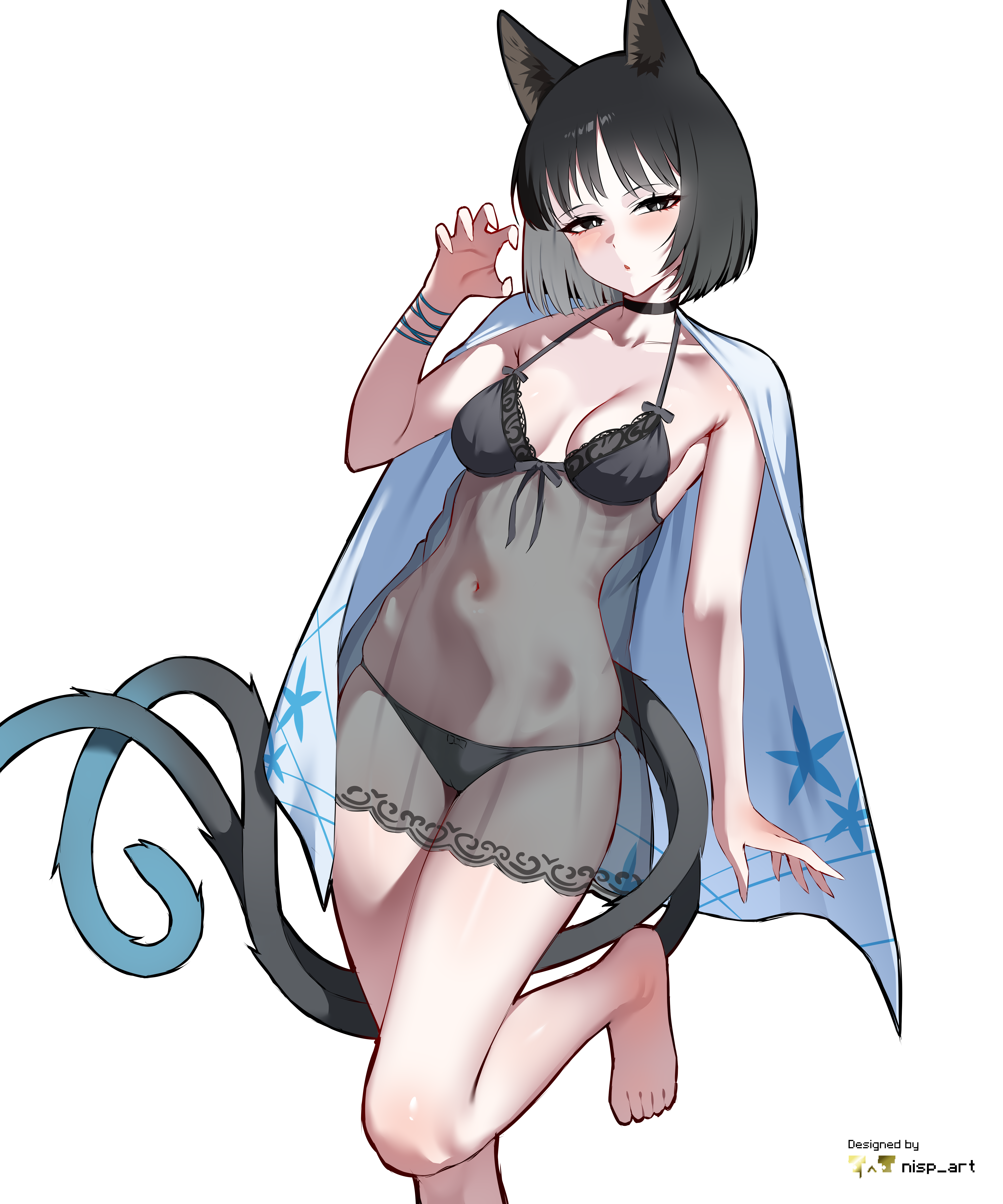 nisp art, kikyou (blue archive), blue archive, absurdres, highres, 1girl, alternate costume, animal ears, artist name, bare legs, black bra, black choker, black hair, blush, bra, breasts, breasts apart, cat ears, cat girl, cat tail, choker, claw pose, collarbone, haori, japanese clothes, looking at viewer, medium breasts, multiple tails, see-through clothes, short hair, simple background, solo, standing, standing on one leg, tail, toes, underwear, white background