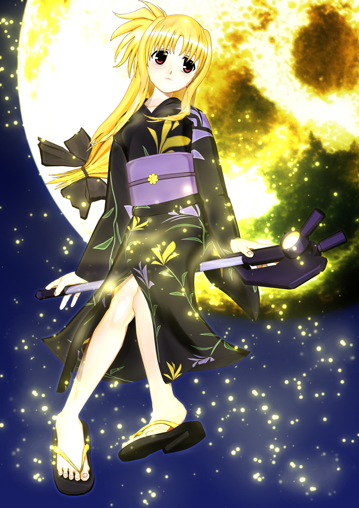 uidajirou (fickle fate), bardiche (nanoha), fate testarossa, lyrical nanoha, mahou shoujo lyrical nanoha, 00s, 1girl, axe, black bow, black sandals, black socks, blonde hair, bow, collarbone, female focus, floating, floral print, hair bow, japanese clothes, kimono, long hair, low-tied long hair, moon, night, obi, print kimono, red eyes, sandals, sash, sitting, sky, socks, solo, weapon