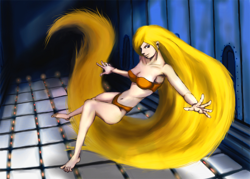 j-guile, barbariccia, final fantasy, final fantasy iv, bad id, bad pixiv id, 1990s (style), 1girl, armpits, barefoot, bikini, blonde hair, breasts, feet, female focus, full body, long hair, retro artstyle, solo, swimsuit, very long hair