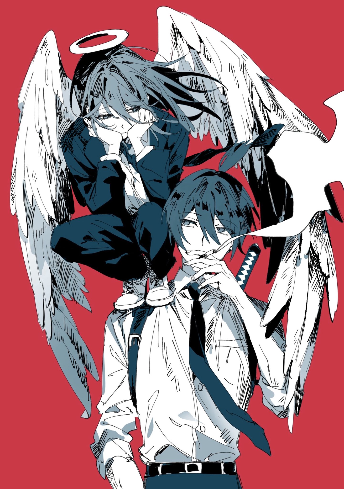 angel devil (chainsaw man), hayakawa aki, chainsaw man, highres, 2boys, black necktie, black suit, cigarette, eye contact, formal clothes, halo, holding, holding cigarette, looking at another, multiple boys, necktie, perched, shakushaku0924, sheath, sheathed, shirt, shoes, smoking, sneakers, suit, sword, sword on back, weapon, weapon on back, white shirt, wings
