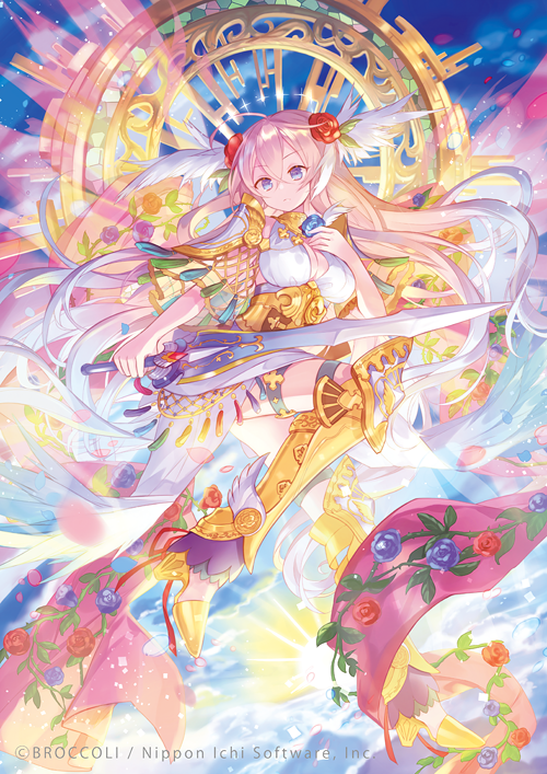 ibara riato, michael (z/x), z/x, official art, 1girl, ahoge, angel wings, armor, armored boots, blue eyes, boots, breasts, cleavage, cleavage cutout, clothing cutout, cloud, cloudy sky, dress, energy wings, flower, gradient wings, hair between eyes, hair flower, hair ornament, holding, holding sword, holding weapon, large breasts, long hair, multicolored wings, pink hair, shoulder armor, sky, solo, sword, thigh strap, weapon, white dress, wing ears, wings