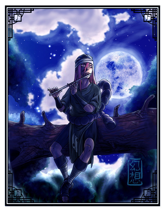gensoteam, tayuya (naruto), naruto (classic), naruto (series), 1girl, border, desert, female focus, flute, full moon, helmet, instrument, long hair, looking at viewer, moon, night, night sky, outdoors, pants, pink hair, rock, sitting, sky, solo