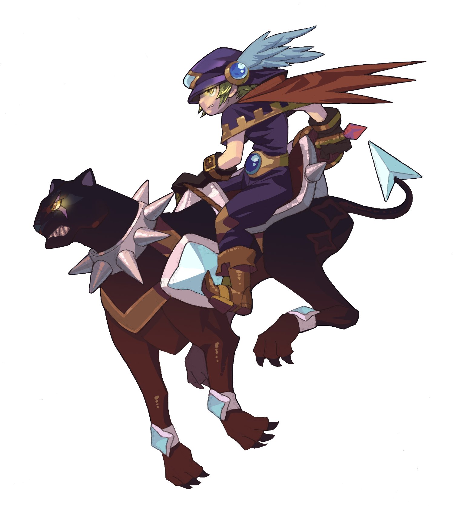 asgard, black panther, nexon, artist request, character request, highres, official art, second-party source, ankle boots, aqua gemstone, baggy pants, belt, belt buckle, black claws, black fur, black gloves, black hair, blue feathers, blue gemstone, boots, brown belt, brown boots, buckle, cape, capelet, claws, collar, colored sclera, feathers, gem, gem belt, glove belt, gloves, glowing, glowing eyes, gold belt, gold buckle, green hair, hat, hat feather, holding, holding polearm, holding weapon, lance, orange eyes, panther, pants, polearm, profile, purple capelet, purple hat, purple pants, purple shirt, red cape, running, saddle, sharp teeth, shirt, short hair, silver collar, spiked collar, spikes, teeth, weapon, yellow eyes, yellow sclera