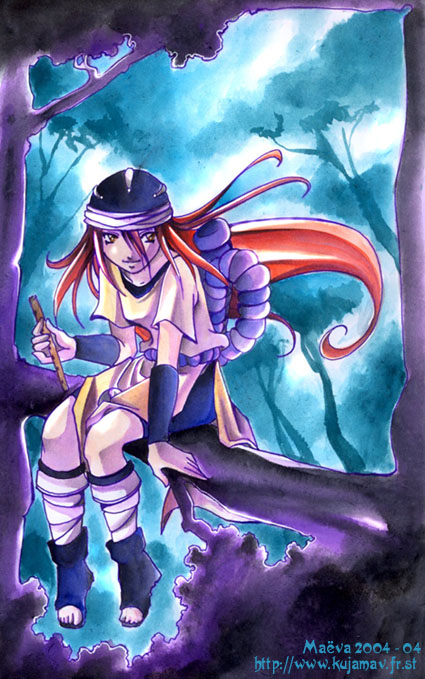 maeva, maevachan, tayuya (naruto), naruto (classic), naruto (series), 00s, 1girl, 2004, bandages, cloak, dated, female focus, flute, forest, full body, hair between eyes, hat, in tree, instrument, long hair, nature, outdoors, plant, red hair, shaded face, short sleeves, sitting, smile, solo, tree, very long hair, watermark, web address