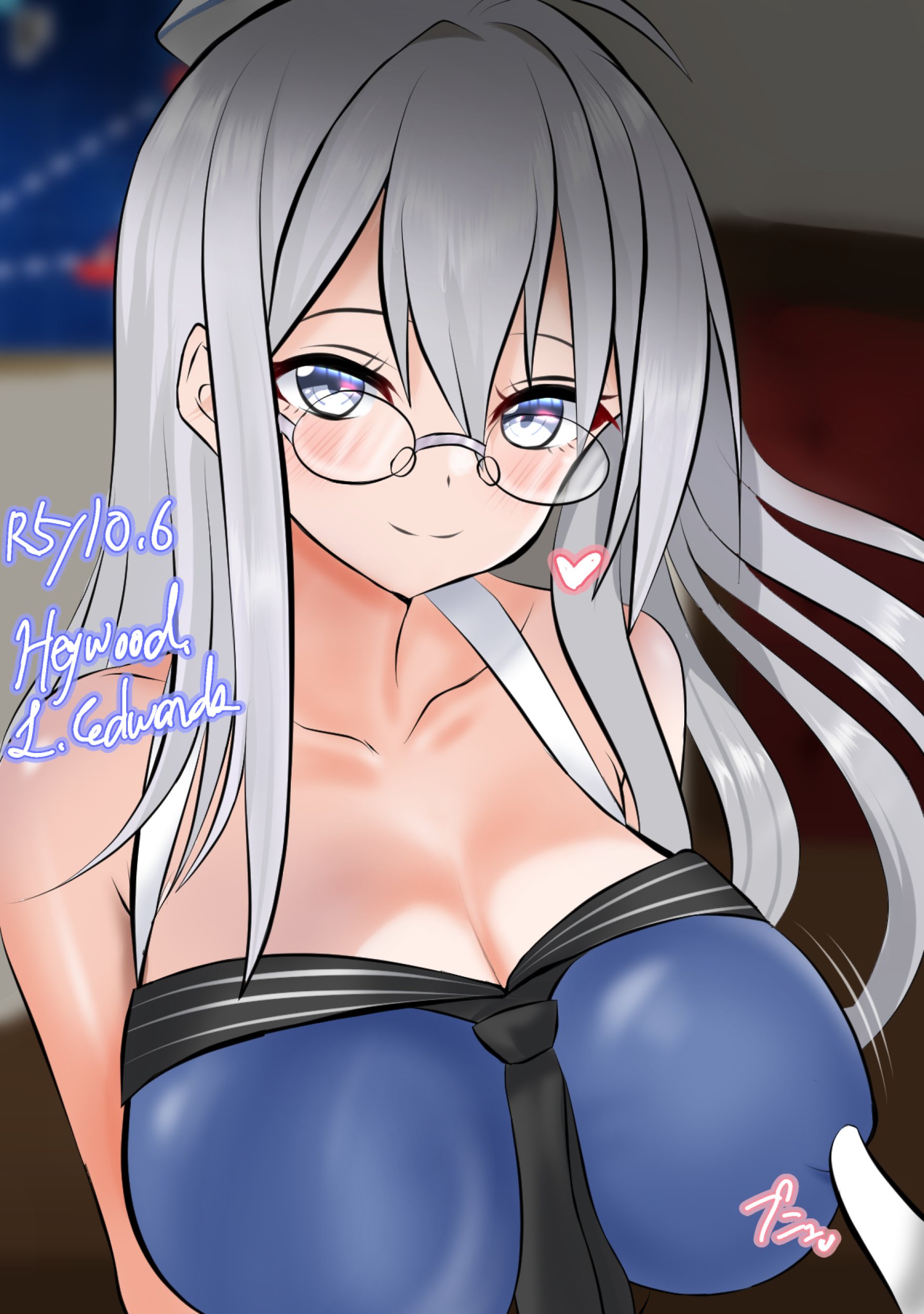 kamishita tomori, heywood l. edwards (kancolle), johnston (kancolle), johnston kai (swimsuit) (kancolle), kantai collection, absurdres, highres, 1girl, ahoge, alternate costume, bikini, blue eyes, breasts, covered erect nipples, dated, glasses, grey hair, indoors, large breasts, long hair, nipple stimulation, nipple tweak, office, sailor bikini, sailor collar, swimsuit, upper body