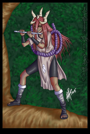 mette-miko, mette krangnes, tayuya (naruto), naruto (classic), naruto (series), lowres, 1girl, black sclera, colored sclera, female focus, flute, instrument, solo, yellow eyes