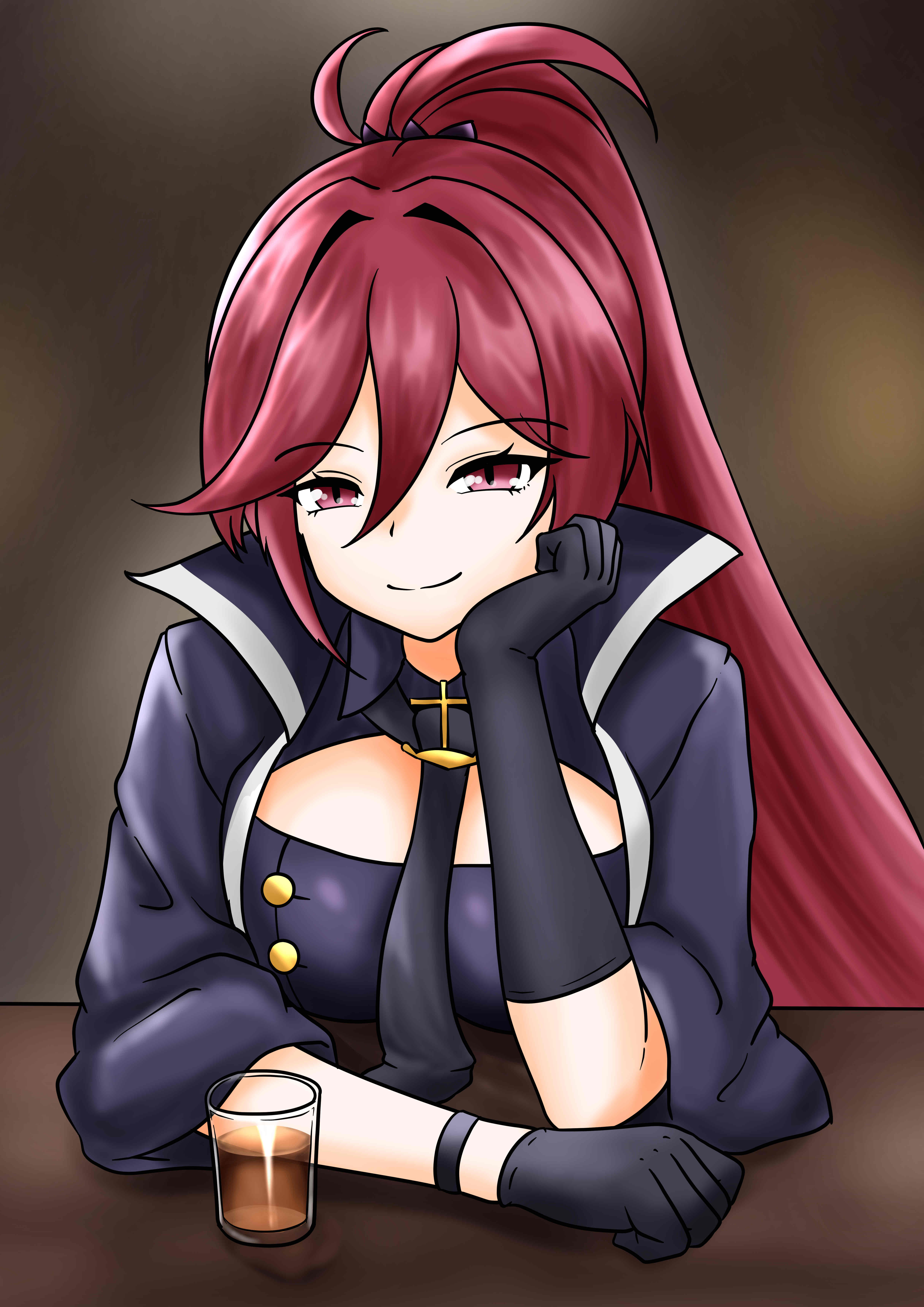 maryland (azur lane), azur lane, absurdres, commentary request, highres, 1girl, alcohol, asymmetrical gloves, black gloves, black jacket, black necktie, blurry, blurry background, breasts, closed mouth, elbow gloves, glass, gloves, head rest, jacket, long hair, looking at viewer, medium breasts, necktie, ponytail, red eyes, red hair, s hadmiral, smile, solo, table