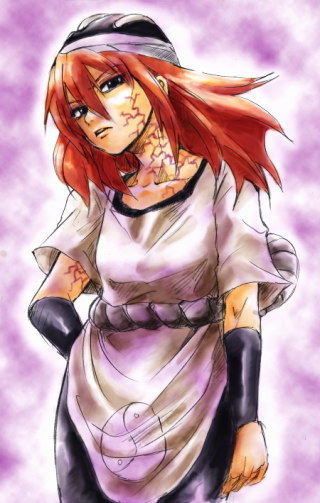 tayuya (naruto), naruto (classic), naruto (series), artist request, 1girl, belt, cowboy shot, female focus, green eyes, hand on own hip, helmet, looking at viewer, red hair, solo, standing