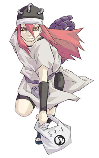 tayuya (naruto), naruto (classic), naruto (series), artist request, 1girl, bag, belt, expressionless, female focus, full body, green eyes, grocery bag, hair between eyes, helmet, holding, long hair, looking at viewer, red eyes, running, shopping bag, simple background, solo, very long hair, white background