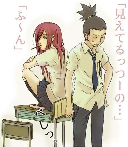 negiko (chichi), nara shikamaru, tayuya (naruto), naruto (classic), naruto (series), lowres, …, 1boy, 1girl, alternate costume, back-to-back, belt, black hair, black pants, black skirt, black socks, blue necktie, book, chair, closed eyes, collared shirt, contemporary, desk, dress shirt, eyewear hang, food, glasses, holding, holding book, kneehighs, legs apart, long hair, looking at viewer, mouth hold, necktie, notebook, on desk, pants, pleated skirt, pocky, ponytail, red hair, school, school desk, school uniform, shirt, shoes, short sleeves, sitting, skirt, socks, squatting, standing, sweatdrop, swept bangs, unworn eyewear, uwabaki, white shirt