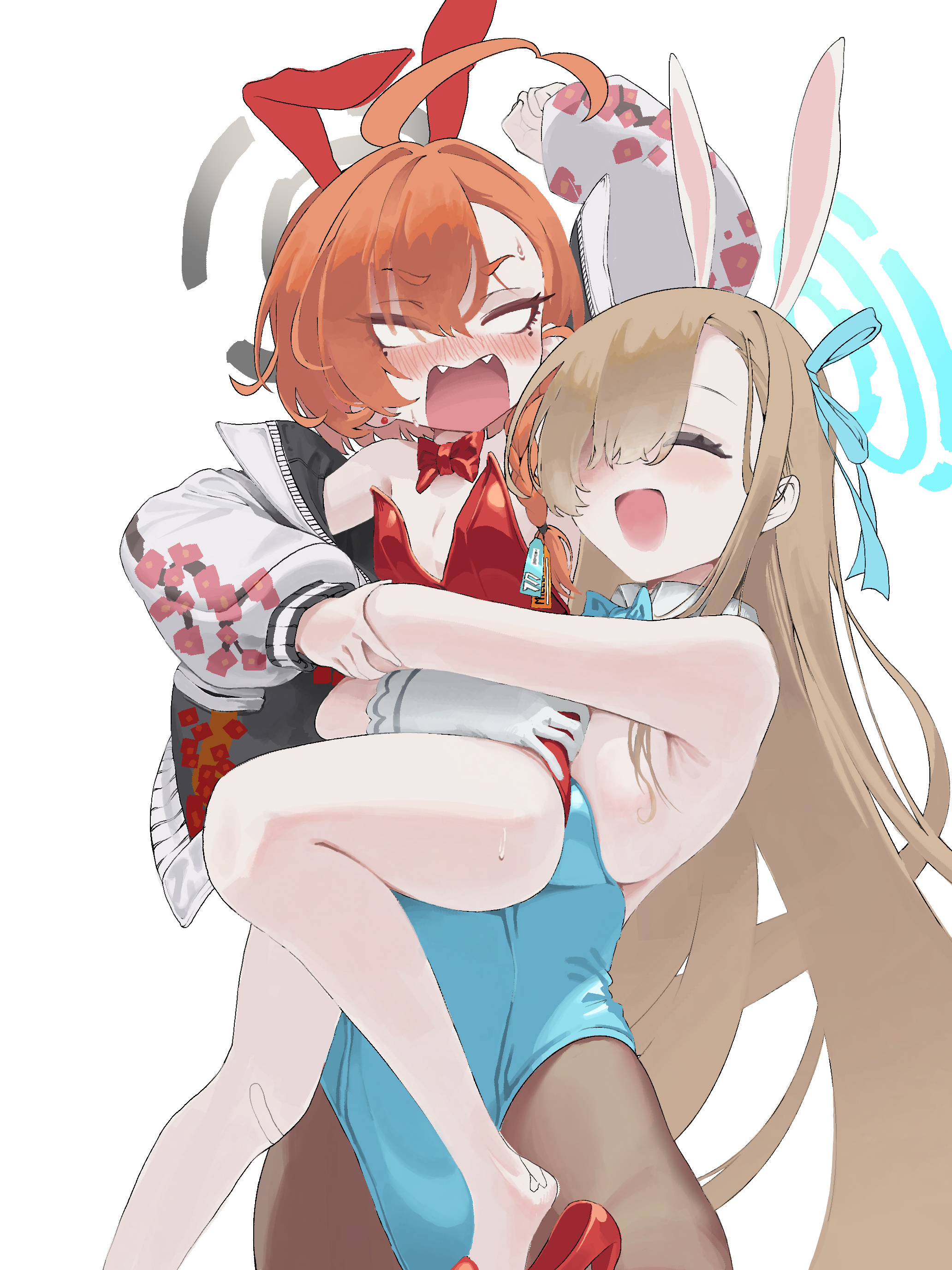 kogooma, asuna (blue archive), asuna (bunny) (blue archive), neru (blue archive), neru (bunny) (blue archive), blue archive, absurdres, commentary, highres, 2girls, ^ ^, ahoge, animal ear hairband, animal ears, aqua bow, aqua bowtie, aqua leotard, aqua ribbon, bandaid, bandaid on leg, blank eyes, blush, bow, bowtie, breasts, brown hiphighs, closed eyes, detached collar, fake animal ears, fangs, gloves, hair ribbon, hairband, halo, highleg, highleg leotard, hiphighs, hug, hug from behind, huge ahoge, jacket, leotard, lifting person, long hair, mole, mole under each eye, mole under eye, multiple girls, multiple moles, official alternate costume, orange hair, playboy bunny, rabbit ear hairband, rabbit ears, red bow, red bowtie, red leotard, ribbon, shoe dangle, simple background, small breasts, smile, straight hair, strapless, strapless leotard, sukajan, very long hair, white background, white gloves