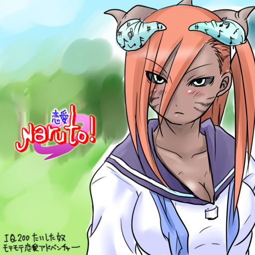 mabahn, tayuya (naruto), naruto (classic), naruto (series), alternate breast size, 1girl, alternate costume, asymmetrical bangs, black sclera, blouse, blue eyes, blue neckerchief, blush, breasts, cleavage, colored sclera, dark-skinned female, dark skin, day, demon girl, eyes visible through hair, female focus, frown, half-closed eyes, horns, medium breasts, neckerchief, outdoors, red hair, school uniform, serafuku, shirt, solo, v-shaped eyebrows, white shirt