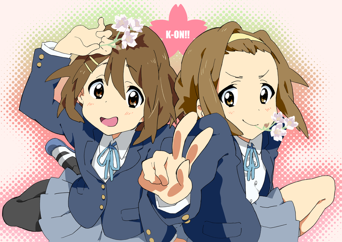 hirasawa yui, tainaka ritsu, k-on!, 2girls, black pantyhose, blue skirt, brown eyes, brown hair, closed mouth, copyright name, dot nose, feet out of frame, female focus, flower, forehead, headband, holding, holding flower, jacket, long sleeves, looking at viewer, multiple girls, open clothes, open jacket, open mouth, pantyhose, ribbon, sakuragaoka high school uniform, school uniform, shirt, short hair, skirt, smile, v, white shirt, yellow headband